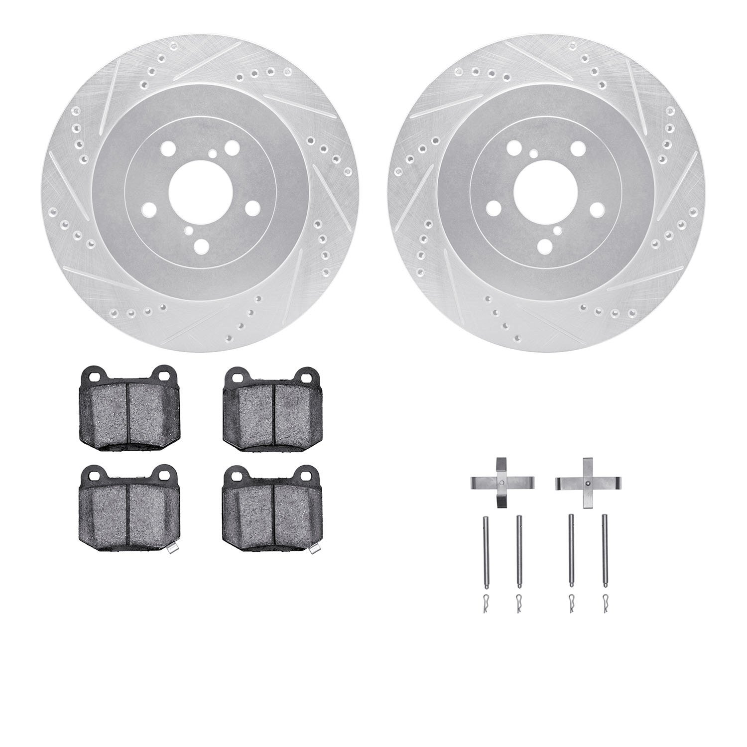 7312-13030 Drilled/Slotted Brake Rotor with 3000-Series Ceramic Brake Pads Kit & Hardware [Silver], 2003-2004 Subaru, Position: