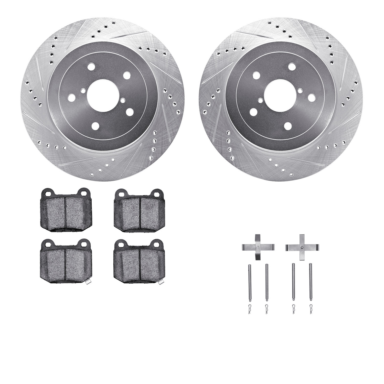 7312-13031 Drilled/Slotted Brake Rotor with 3000-Series Ceramic Brake Pads Kit & Hardware [Silver], 2005-2007 Subaru, Position: