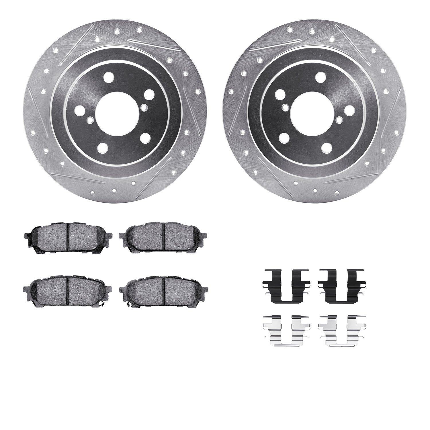 7312-13036 Drilled/Slotted Brake Rotor with 3000-Series Ceramic Brake Pads Kit & Hardware [Silver], 2003-2008 GM, Position: Rear