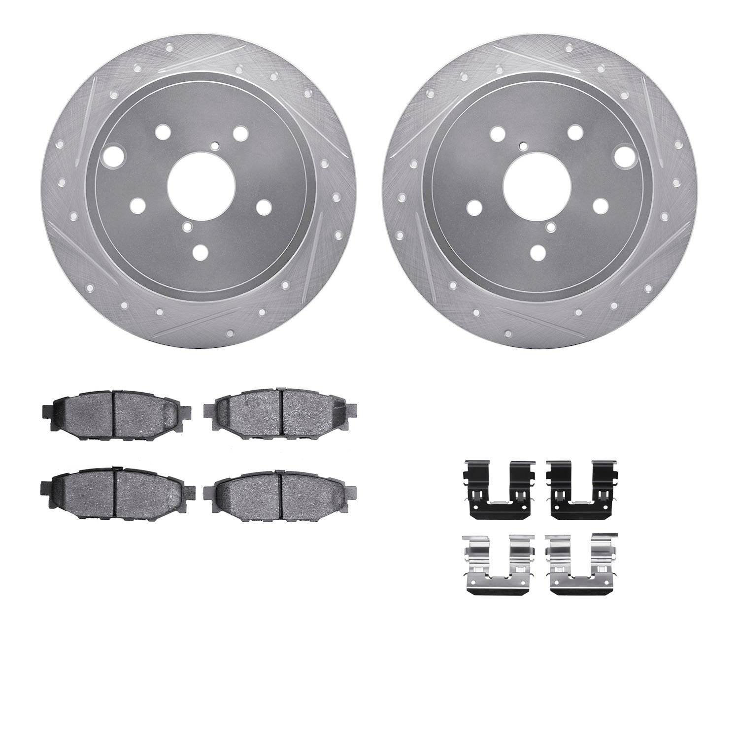 7312-13042 Drilled/Slotted Brake Rotor with 3000-Series Ceramic Brake Pads Kit & Hardware [Silver], 2015-2021 Subaru, Position: