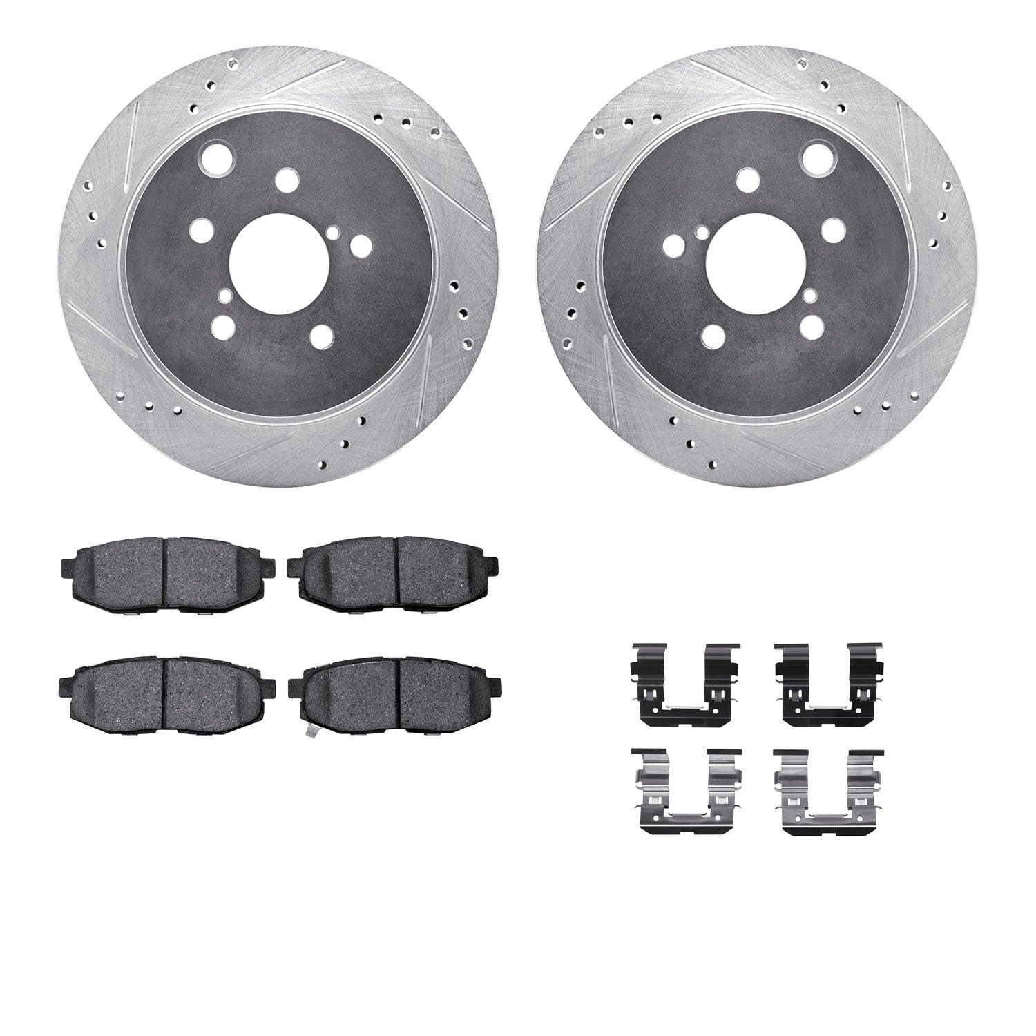 7312-13045 Drilled/Slotted Brake Rotor with 3000-Series Ceramic Brake Pads Kit & Hardware [Silver], 2014-2018 Subaru, Position: