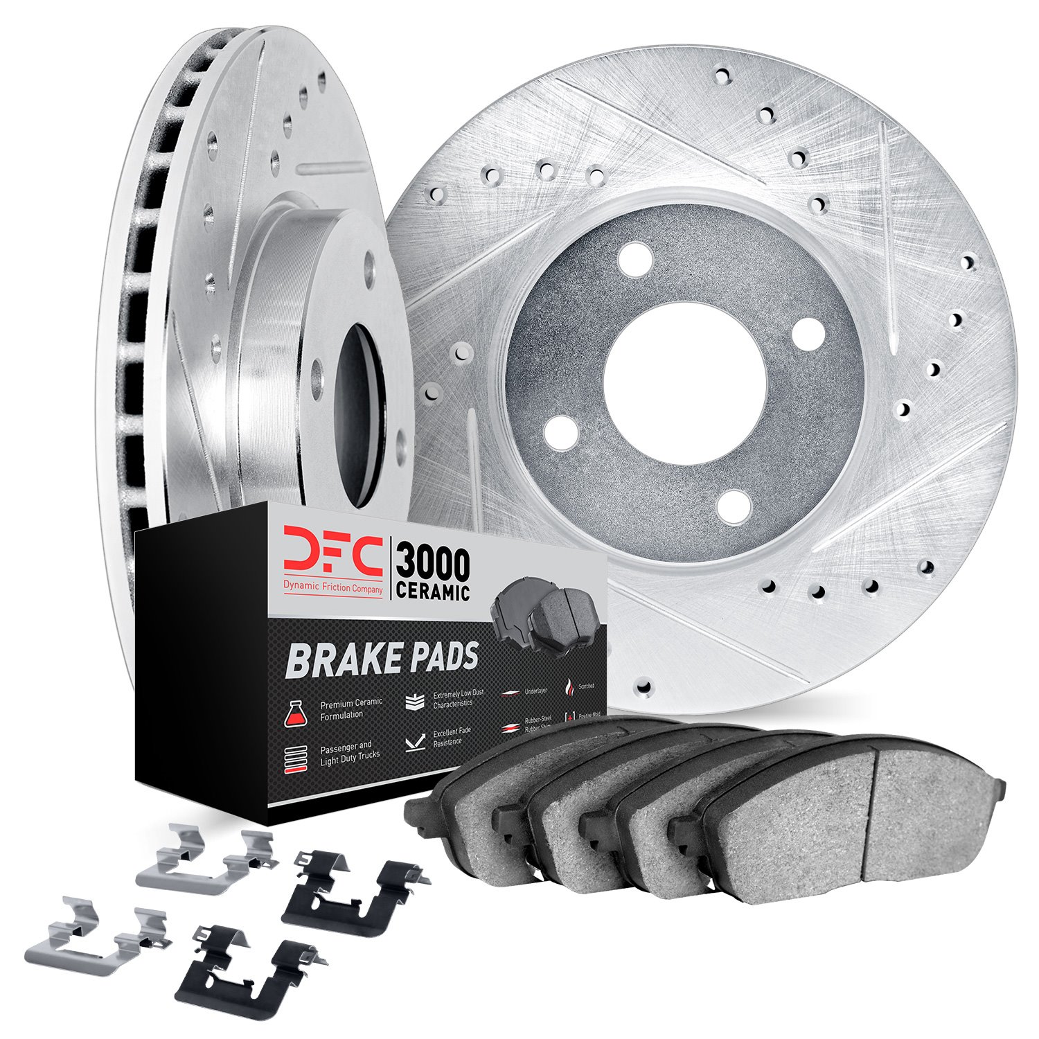 7312-18001 Drilled/Slotted Brake Rotor with 3000-Series Ceramic Brake Pads Kit & Hardware [Silver], 1988-1990 GM, Position: Fron