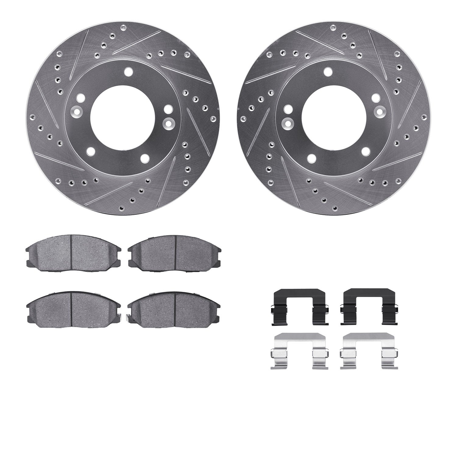 7312-21009 Drilled/Slotted Brake Rotor with 3000-Series Ceramic Brake Pads Kit & Hardware [Silver], 2003-2006 Kia/Hyundai/Genesi