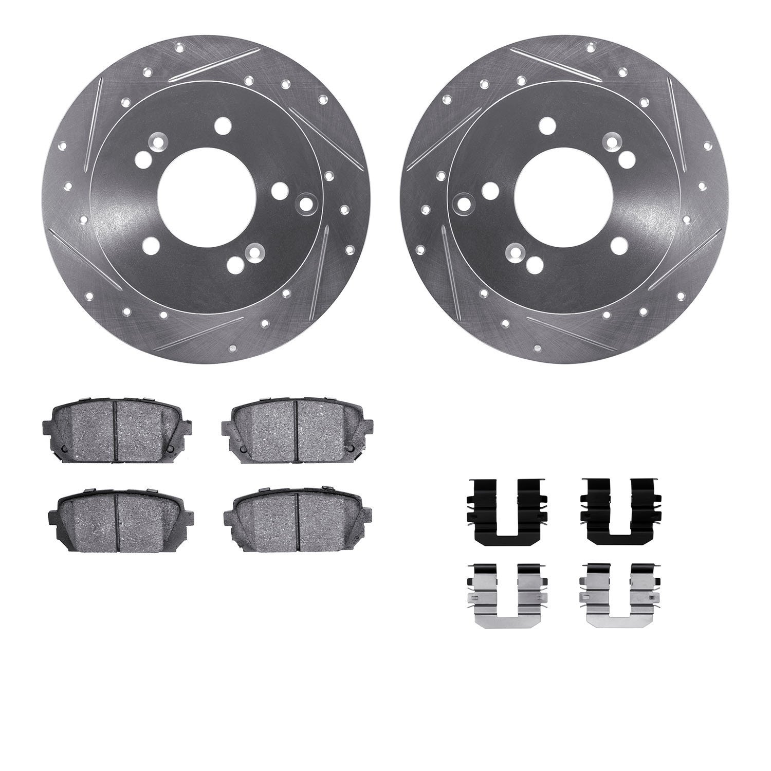 7312-21027 Drilled/Slotted Brake Rotor with 3000-Series Ceramic Brake Pads Kit & Hardware [Silver], 2007-2012 Kia/Hyundai/Genesi