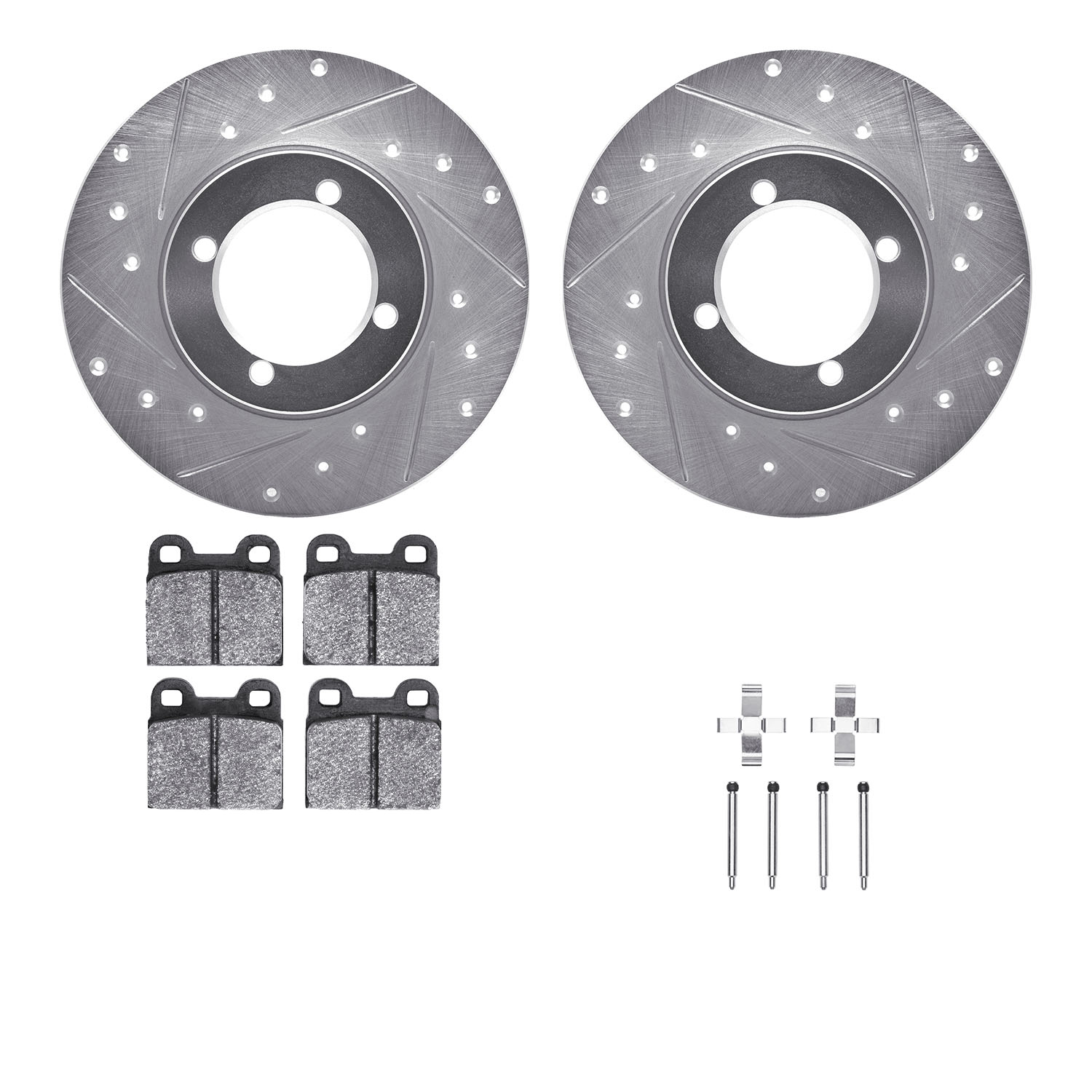 7312-22002 Drilled/Slotted Brake Rotor with 3000-Series Ceramic Brake Pads Kit & Hardware [Silver], 1967-1971 Opel, Position: Fr