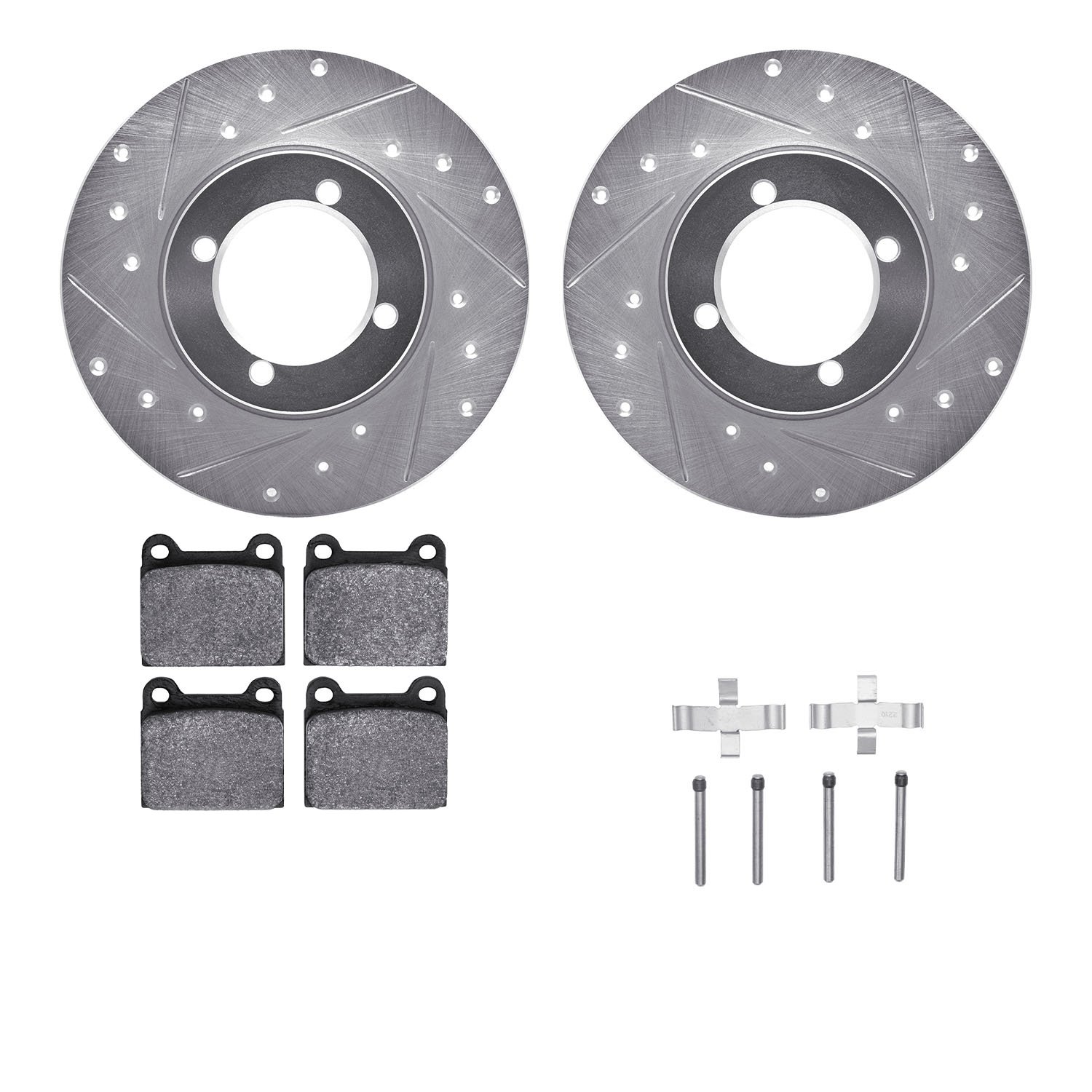 7312-22003 Drilled/Slotted Brake Rotor with 3000-Series Ceramic Brake Pads Kit & Hardware [Silver], 1968-1973 Opel, Position: Fr