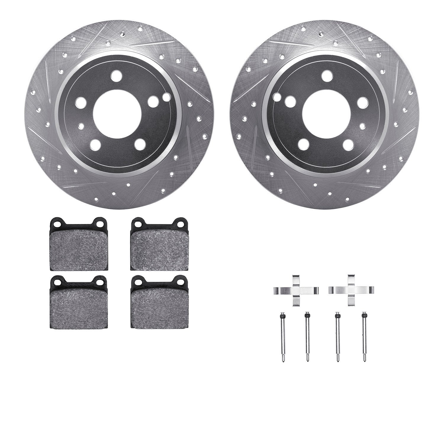 7312-27003 Drilled/Slotted Brake Rotor with 3000-Series Ceramic Brake Pads Kit & Hardware [Silver], 1996-2004 Volvo, Position: R