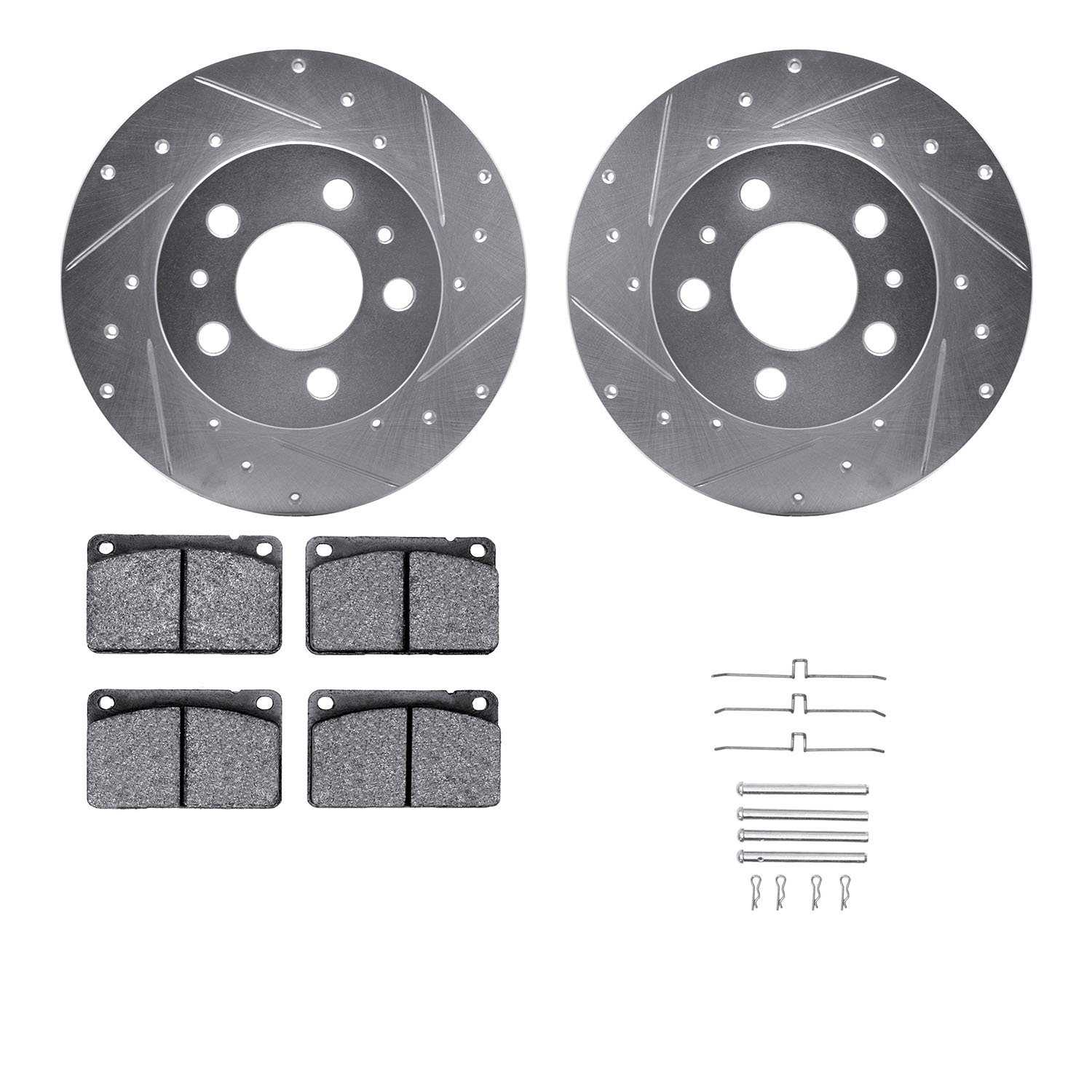 7312-27008 Drilled/Slotted Brake Rotor with 3000-Series Ceramic Brake Pads Kit & Hardware [Silver], 1967-1972 Volvo, Position: F