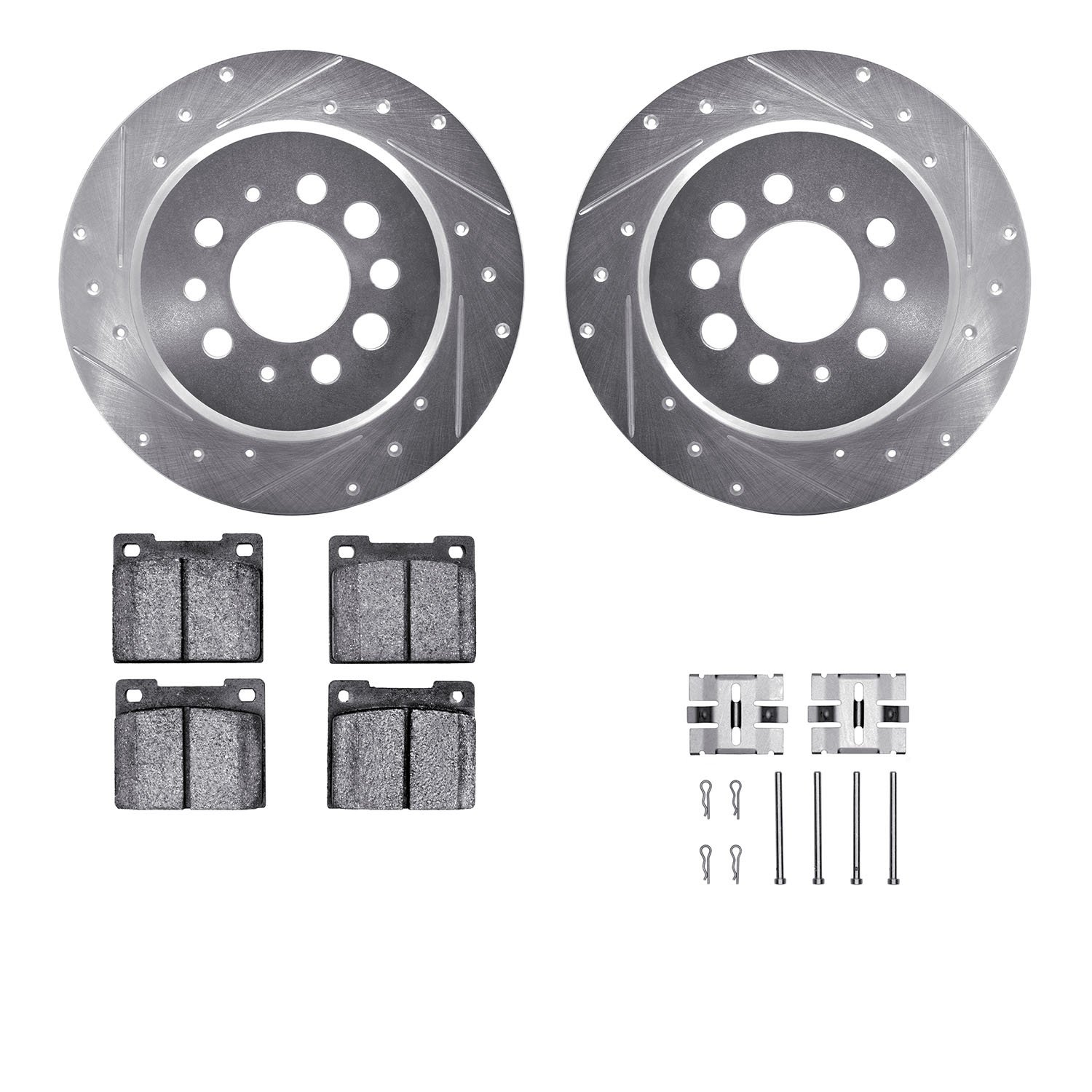 7312-27014 Drilled/Slotted Brake Rotor with 3000-Series Ceramic Brake Pads Kit & Hardware [Silver], 1967-1974 Volvo, Position: R