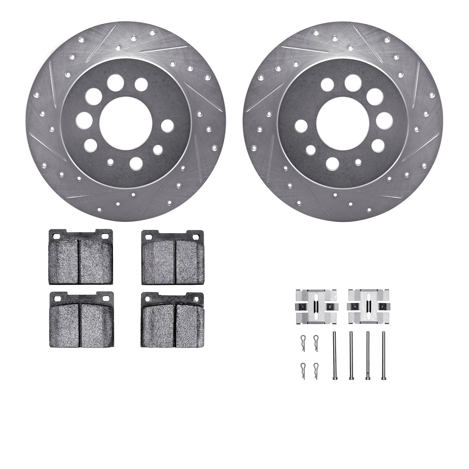 7312-27015 Drilled/Slotted Brake Rotor with 3000-Series Ceramic Brake Pads Kit & Hardware [Silver], 1975-1987 Volvo, Position: R