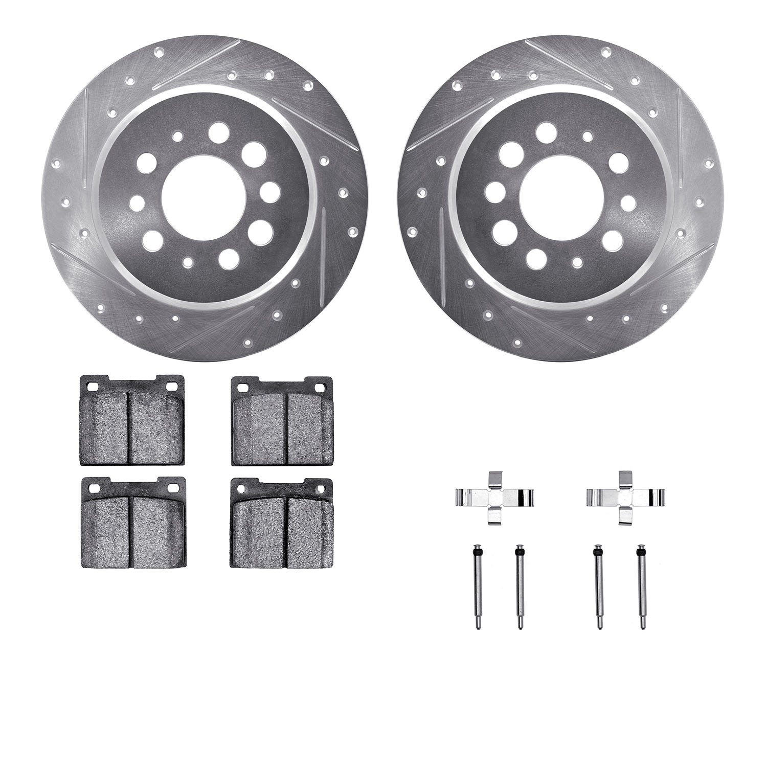 7312-27016 Drilled/Slotted Brake Rotor with 3000-Series Ceramic Brake Pads Kit & Hardware [Silver], 1969-1971 Volvo, Position: R