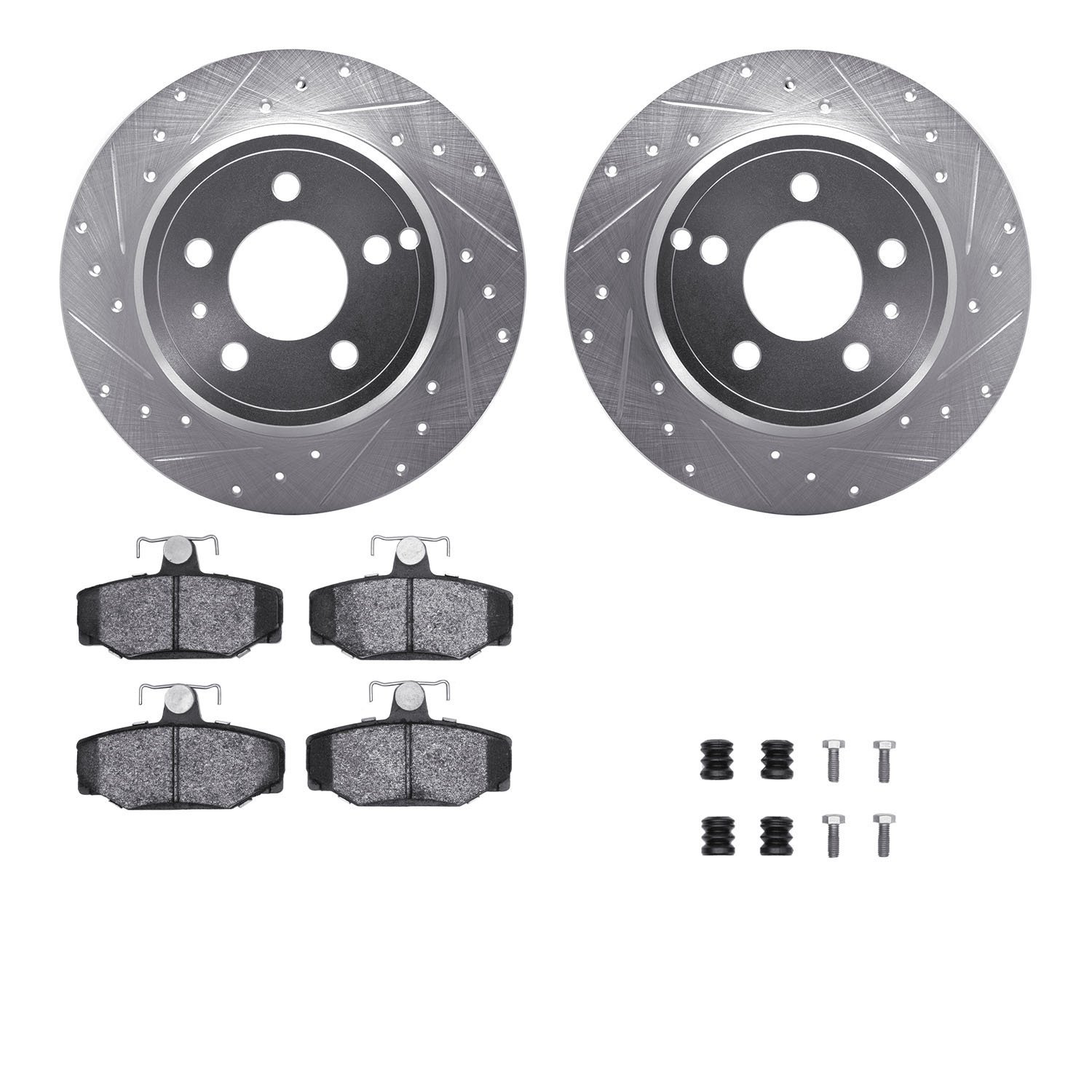 7312-27027 Drilled/Slotted Brake Rotor with 3000-Series Ceramic Brake Pads Kit & Hardware [Silver], 1996-1997 Volvo, Position: R