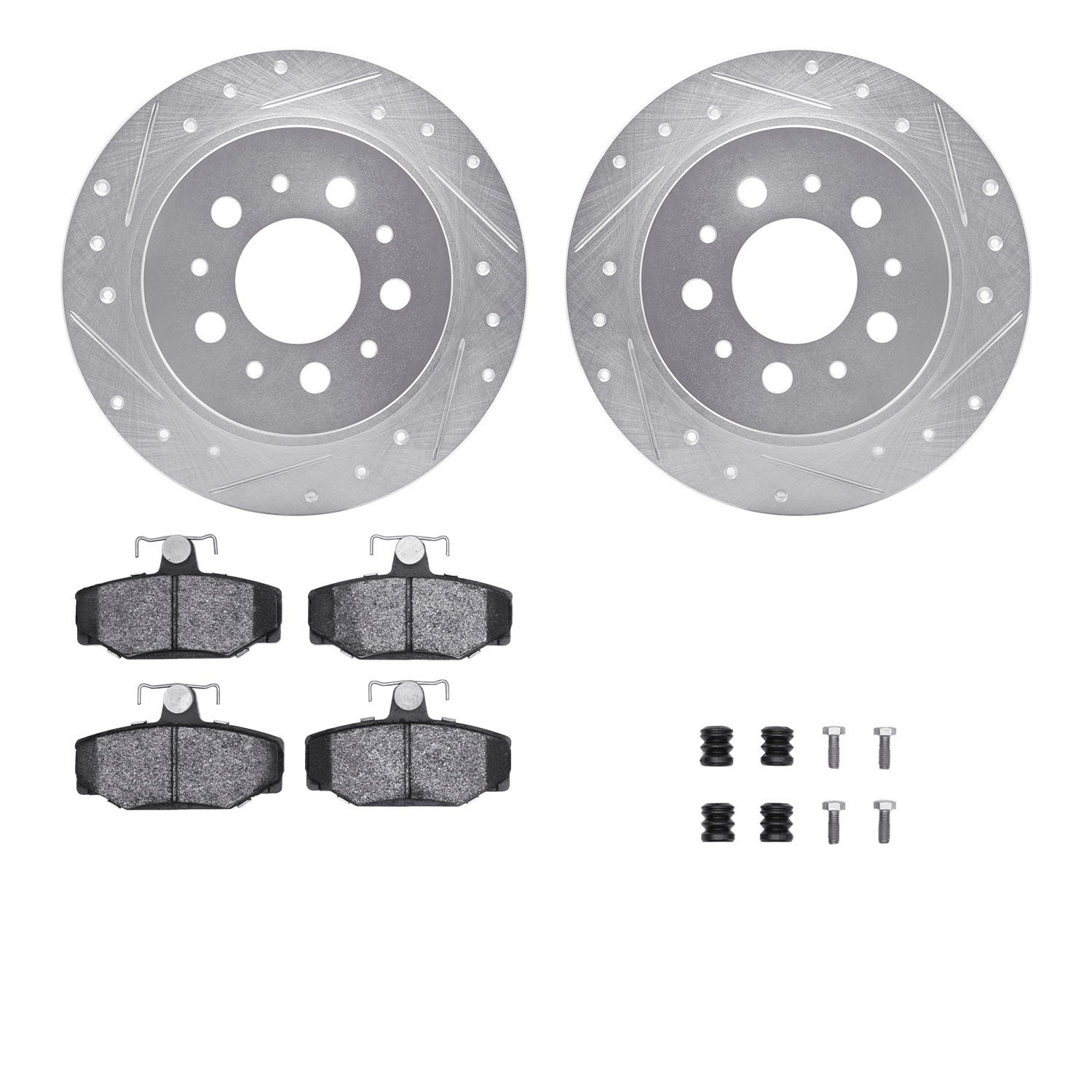 7312-27028 Drilled/Slotted Brake Rotor with 3000-Series Ceramic Brake Pads Kit & Hardware [Silver], 1995-1997 Volvo, Position: R