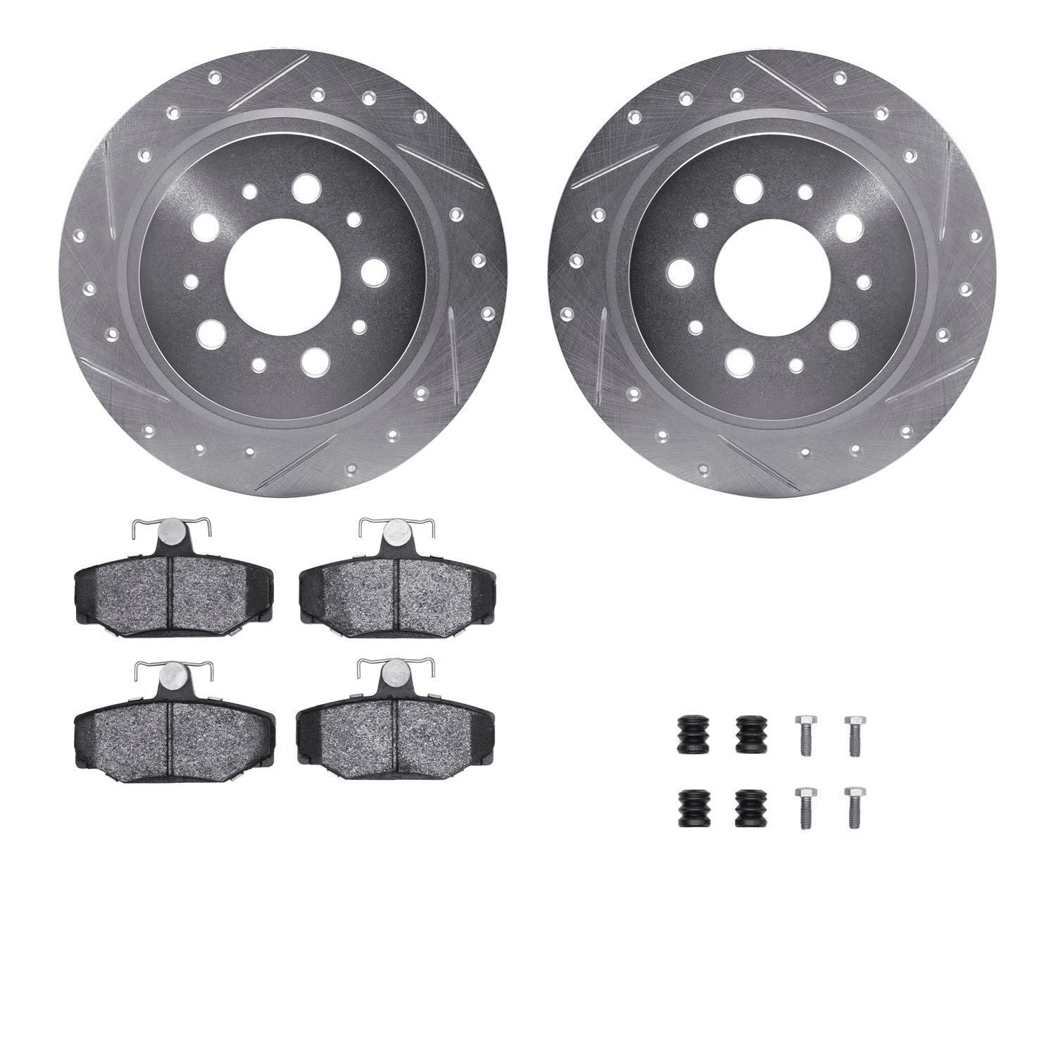 7312-27029 Drilled/Slotted Brake Rotor with 3000-Series Ceramic Brake Pads Kit & Hardware [Silver], 1997-1998 Volvo, Position: R