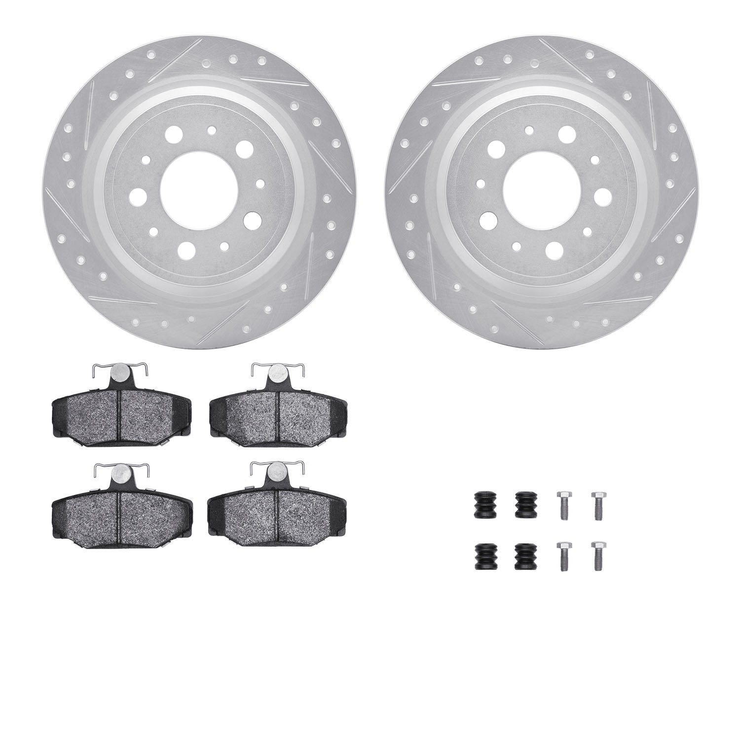 7312-27030 Drilled/Slotted Brake Rotor with 3000-Series Ceramic Brake Pads Kit & Hardware [Silver], 1998-2000 Volvo, Position: R