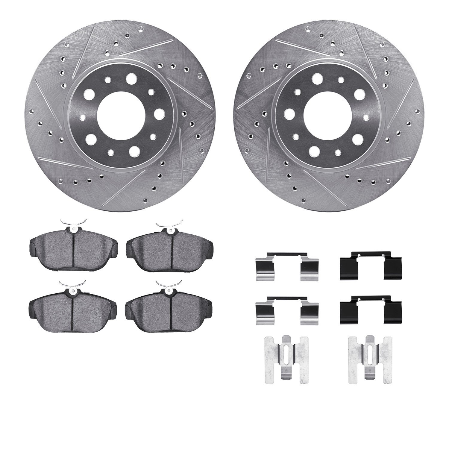 7312-27036 Drilled/Slotted Brake Rotor with 3000-Series Ceramic Brake Pads Kit & Hardware [Silver], 1995-1998 Volvo, Position: F