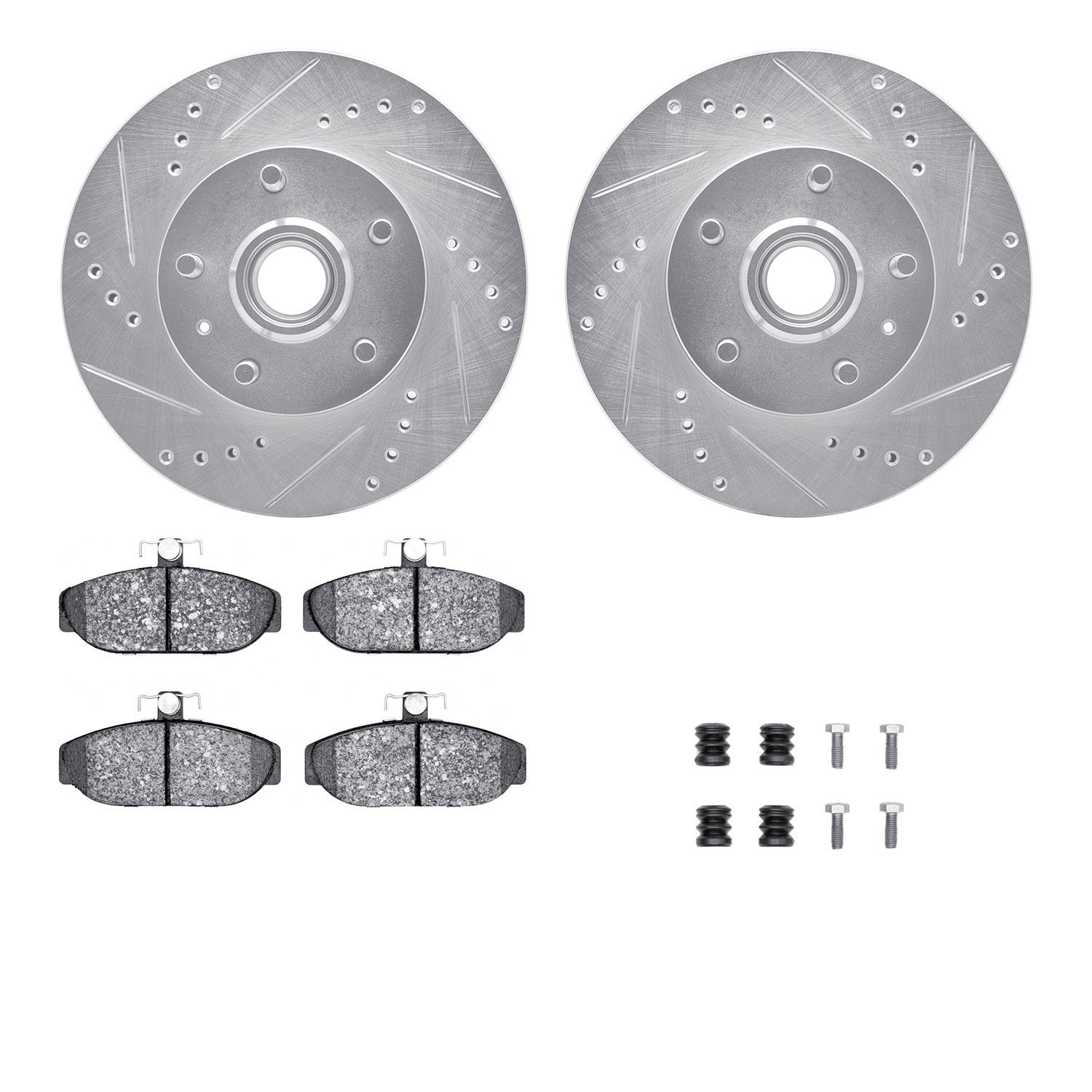 7312-27039 Drilled/Slotted Brake Rotor with 3000-Series Ceramic Brake Pads Kit & Hardware [Silver], 1983-1987 Volvo, Position: F