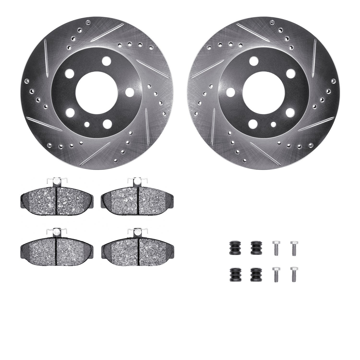 7312-27041 Drilled/Slotted Brake Rotor with 3000-Series Ceramic Brake Pads Kit & Hardware [Silver], 1983-1990 Volvo, Position: F