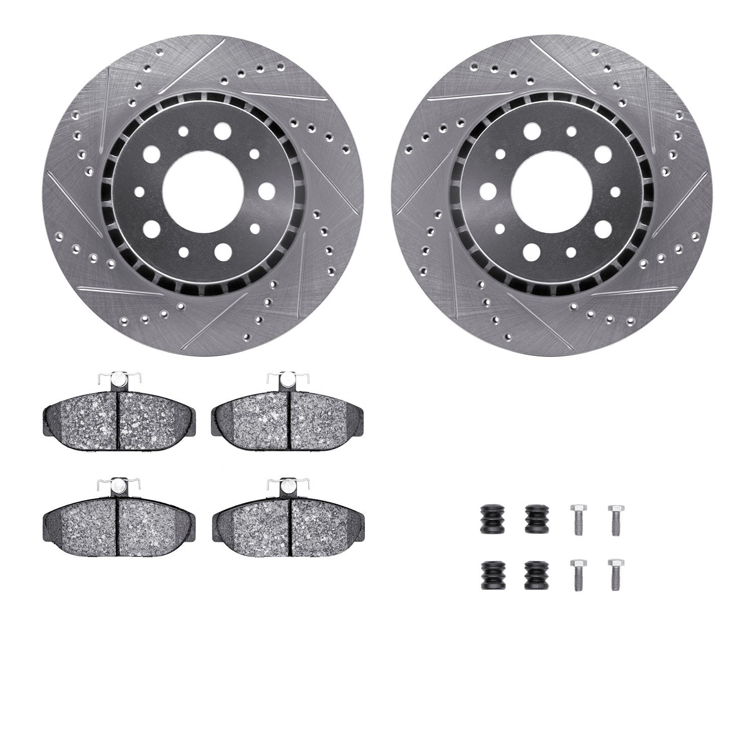 7312-27042 Drilled/Slotted Brake Rotor with 3000-Series Ceramic Brake Pads Kit & Hardware [Silver], 1983-1992 Volvo, Position: F