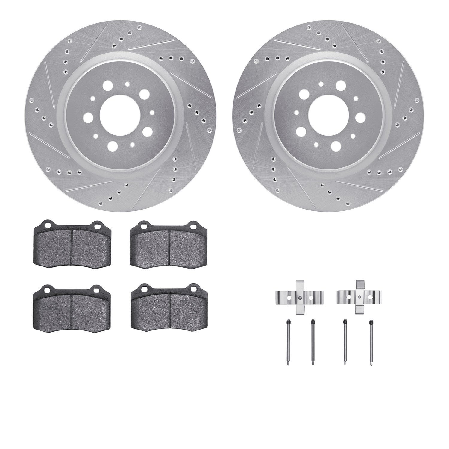 7312-27043 Drilled/Slotted Brake Rotor with 3000-Series Ceramic Brake Pads Kit & Hardware [Silver], 2004-2007 Volvo, Position: R