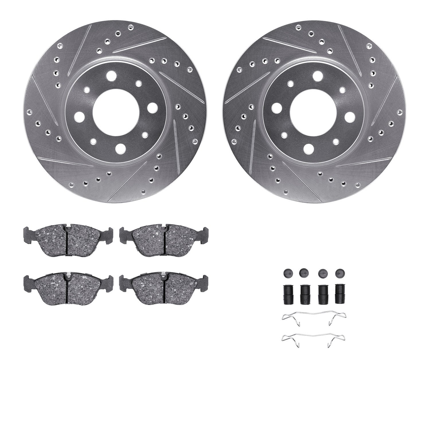 7312-27044 Drilled/Slotted Brake Rotor with 3000-Series Ceramic Brake Pads Kit & Hardware [Silver], 1993-1995 Volvo, Position: F