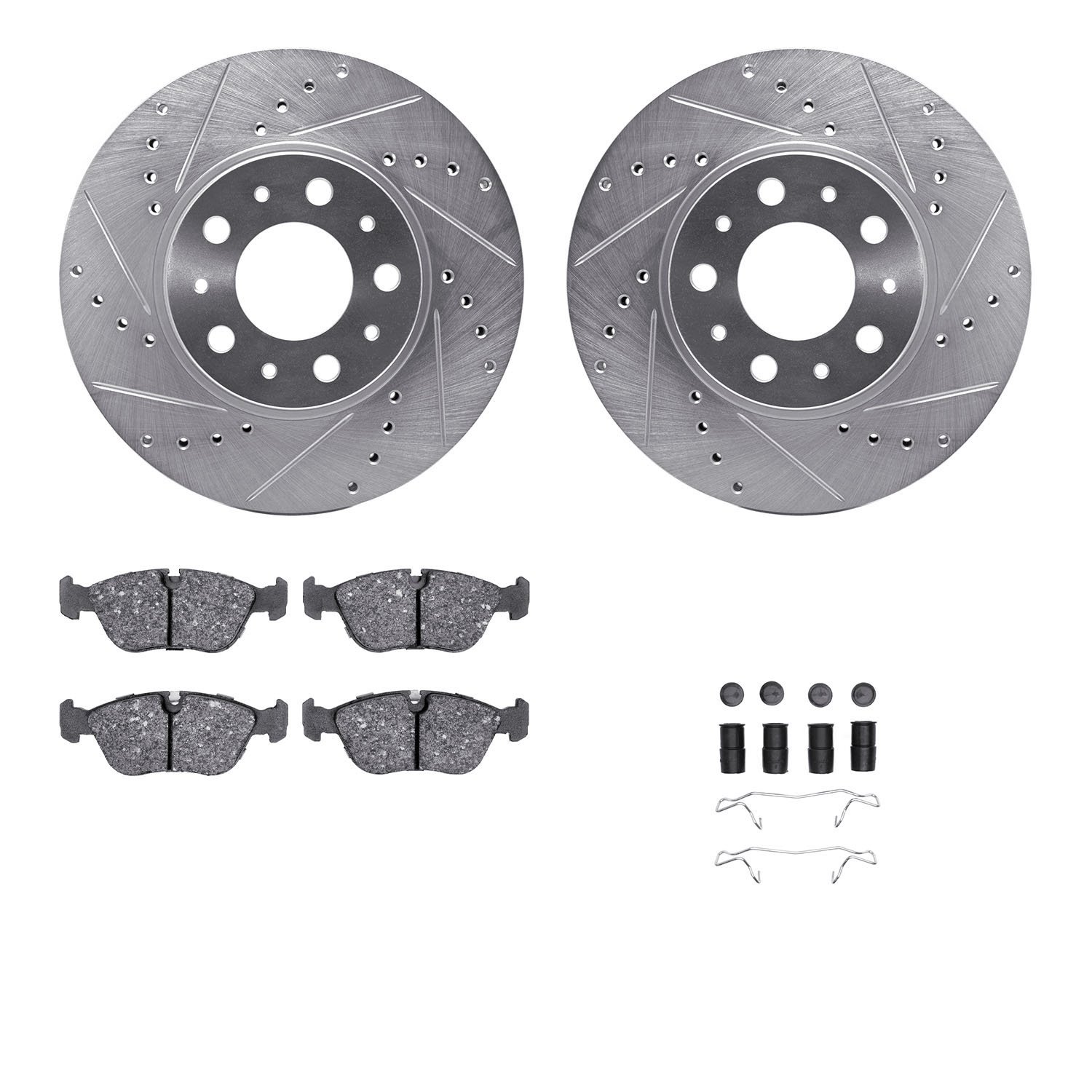 7312-27045 Drilled/Slotted Brake Rotor with 3000-Series Ceramic Brake Pads Kit & Hardware [Silver], 1996-2004 Volvo, Position: F