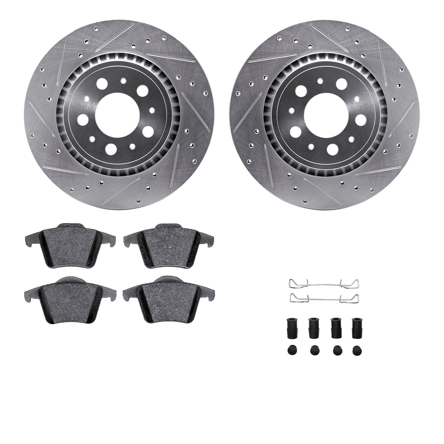 7312-27053 Drilled/Slotted Brake Rotor with 3000-Series Ceramic Brake Pads Kit & Hardware [Silver], 2003-2014 Volvo, Position: R