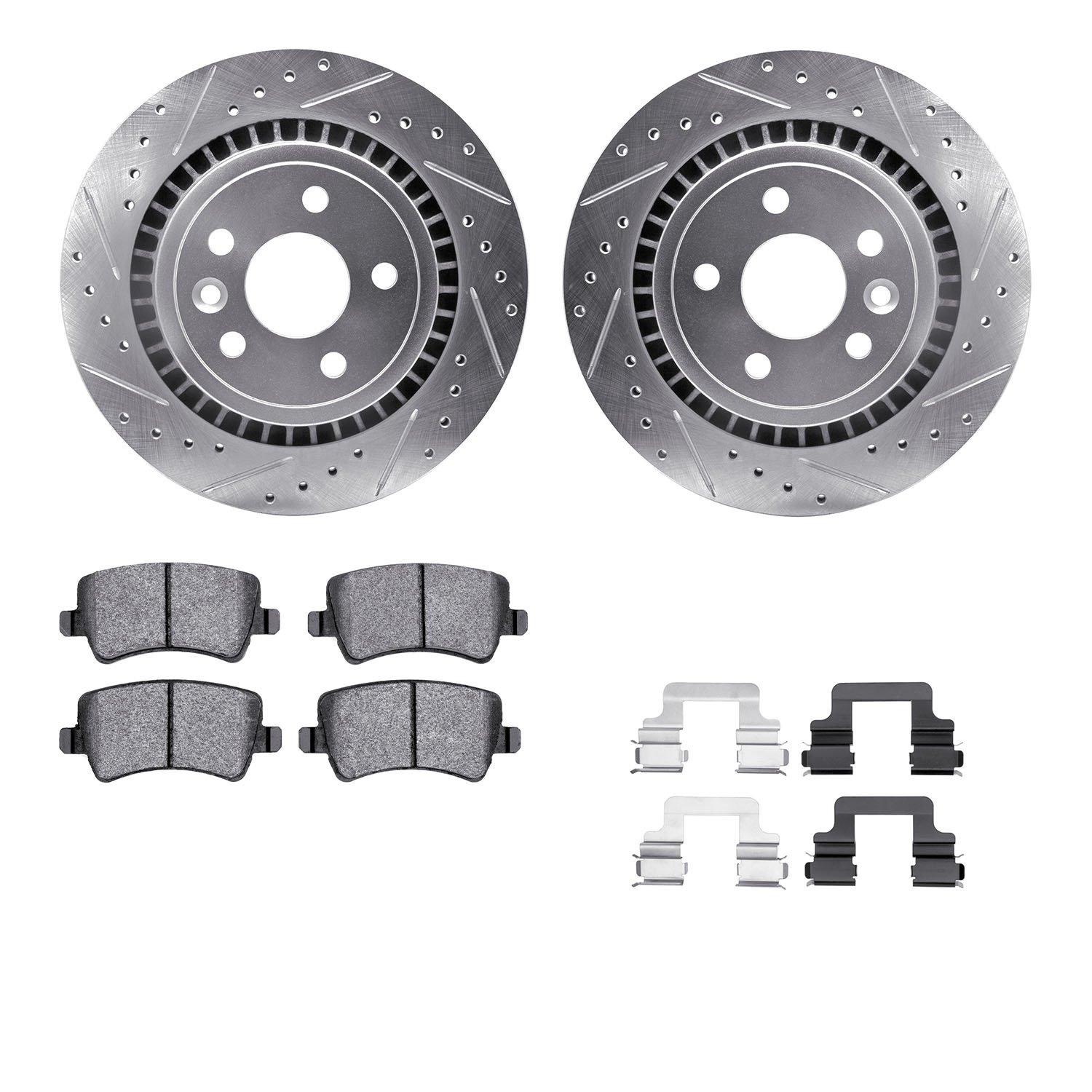 7312-27063 Drilled/Slotted Brake Rotor with 3000-Series Ceramic Brake Pads Kit & Hardware [Silver], 2010-2017 Volvo, Position: R