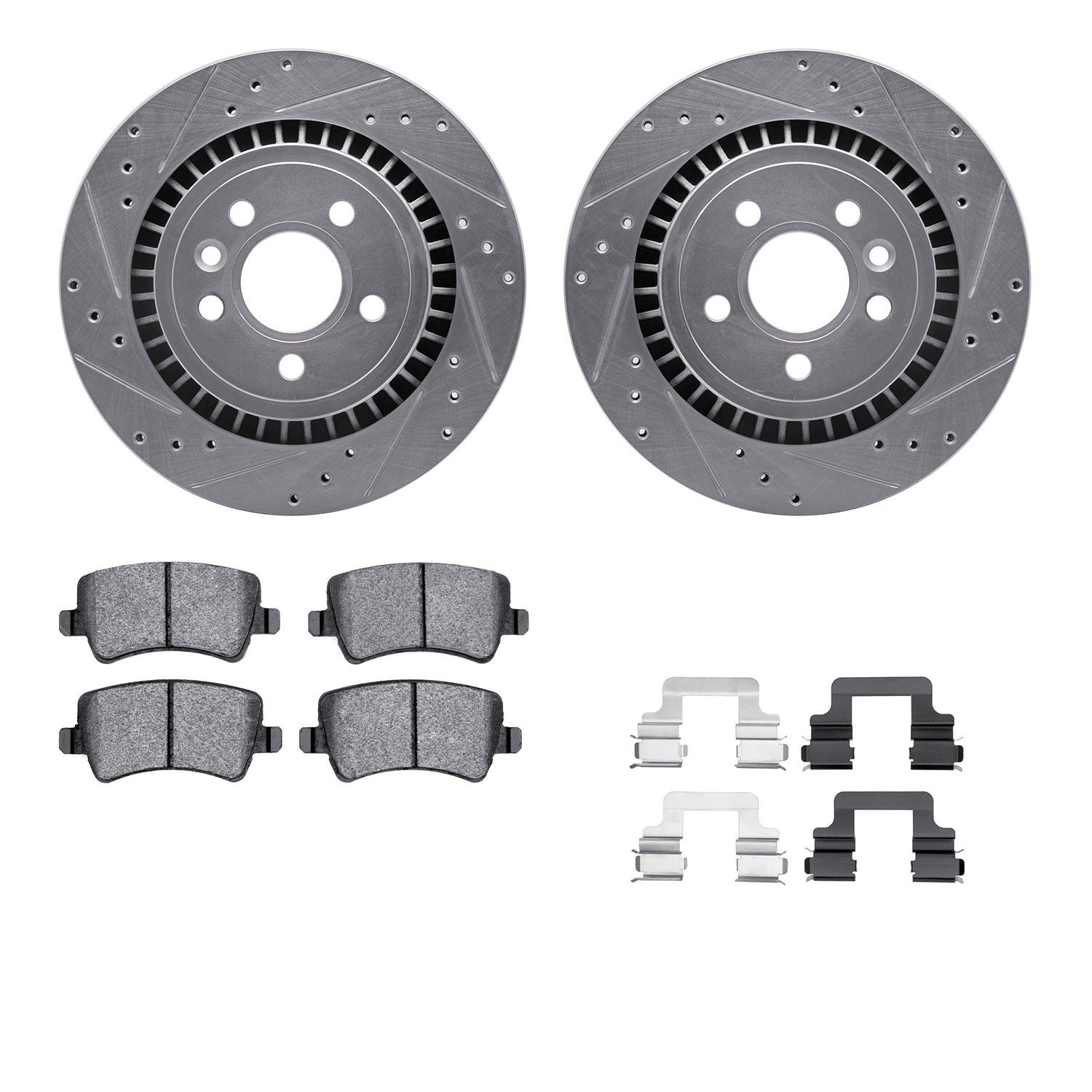 7312-27064 Drilled/Slotted Brake Rotor with 3000-Series Ceramic Brake Pads Kit & Hardware [Silver], 2016-2018 Volvo, Position: R