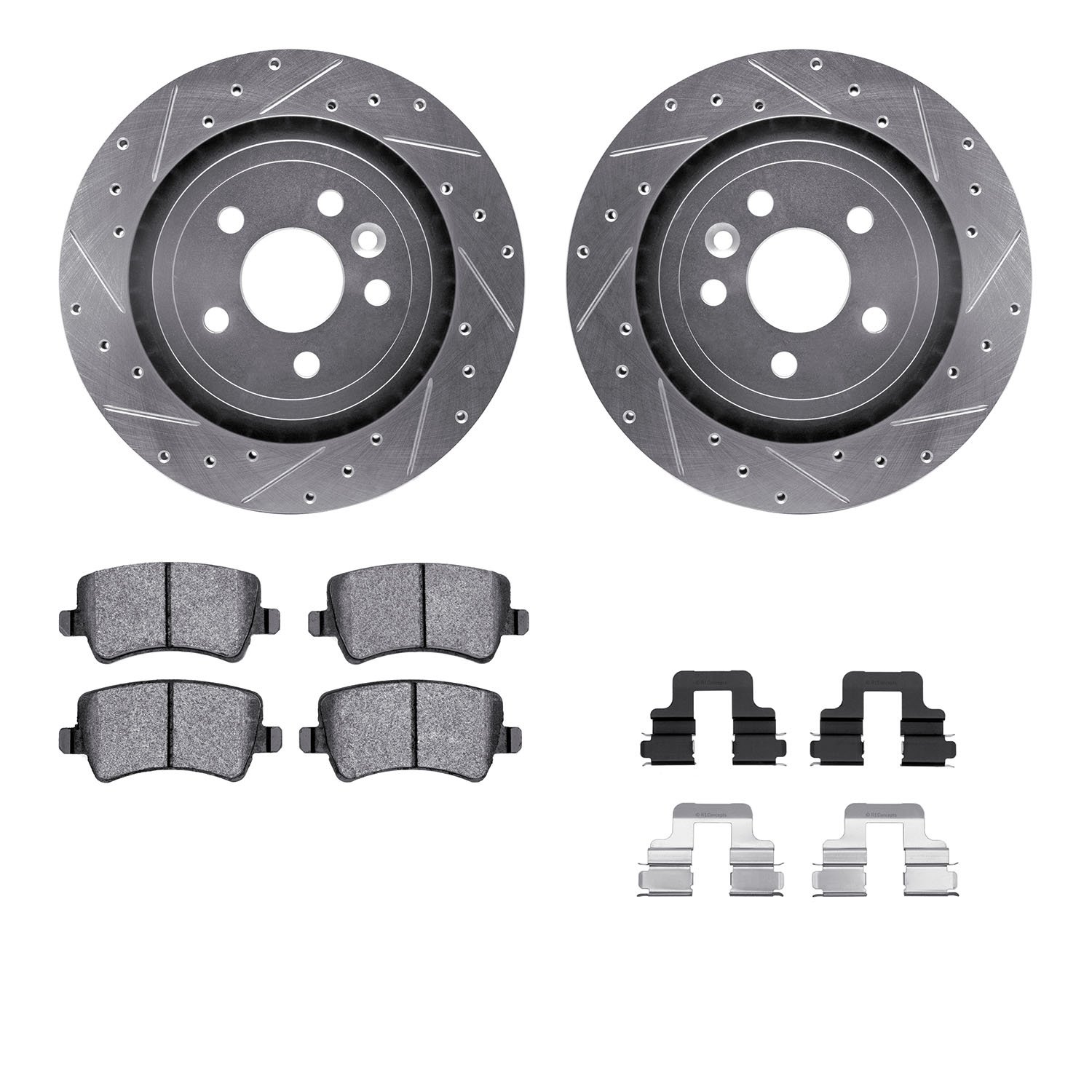 7312-27067 Drilled/Slotted Brake Rotor with 3000-Series Ceramic Brake Pads Kit & Hardware [Silver], 2008-2008 Volvo, Position: R