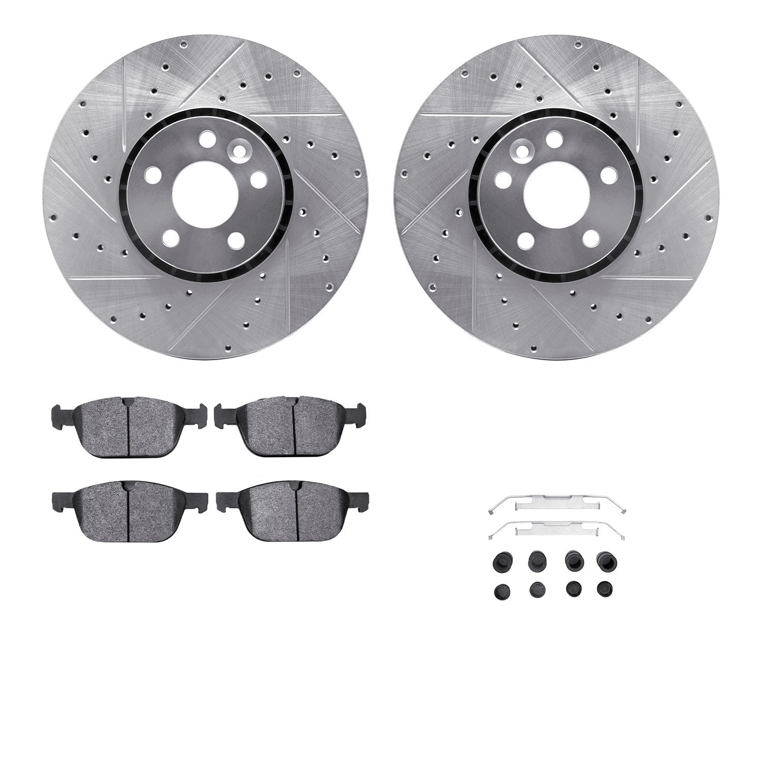 7312-27070 Drilled/Slotted Brake Rotor with 3000-Series Ceramic Brake Pads Kit & Hardware [Silver], 2010-2016 Volvo, Position: F