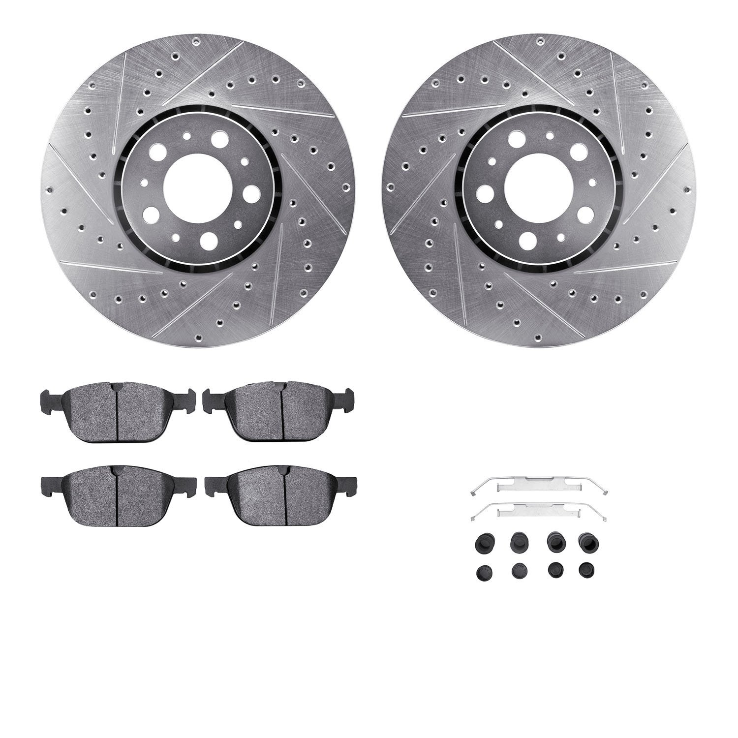 7312-27071 Drilled/Slotted Brake Rotor with 3000-Series Ceramic Brake Pads Kit & Hardware [Silver], 2003-2014 Volvo, Position: F