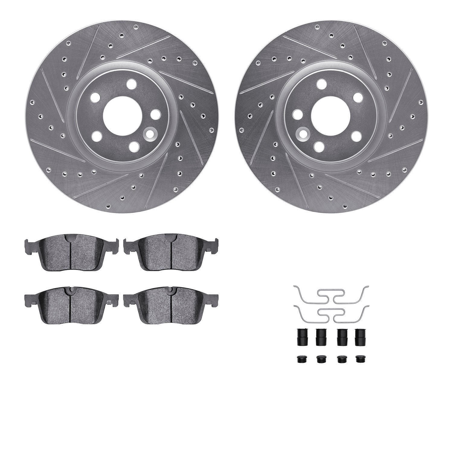 7312-27076 Drilled/Slotted Brake Rotor with 3000-Series Ceramic Brake Pads Kit & Hardware [Silver], 2016-2017 Volvo, Position: F