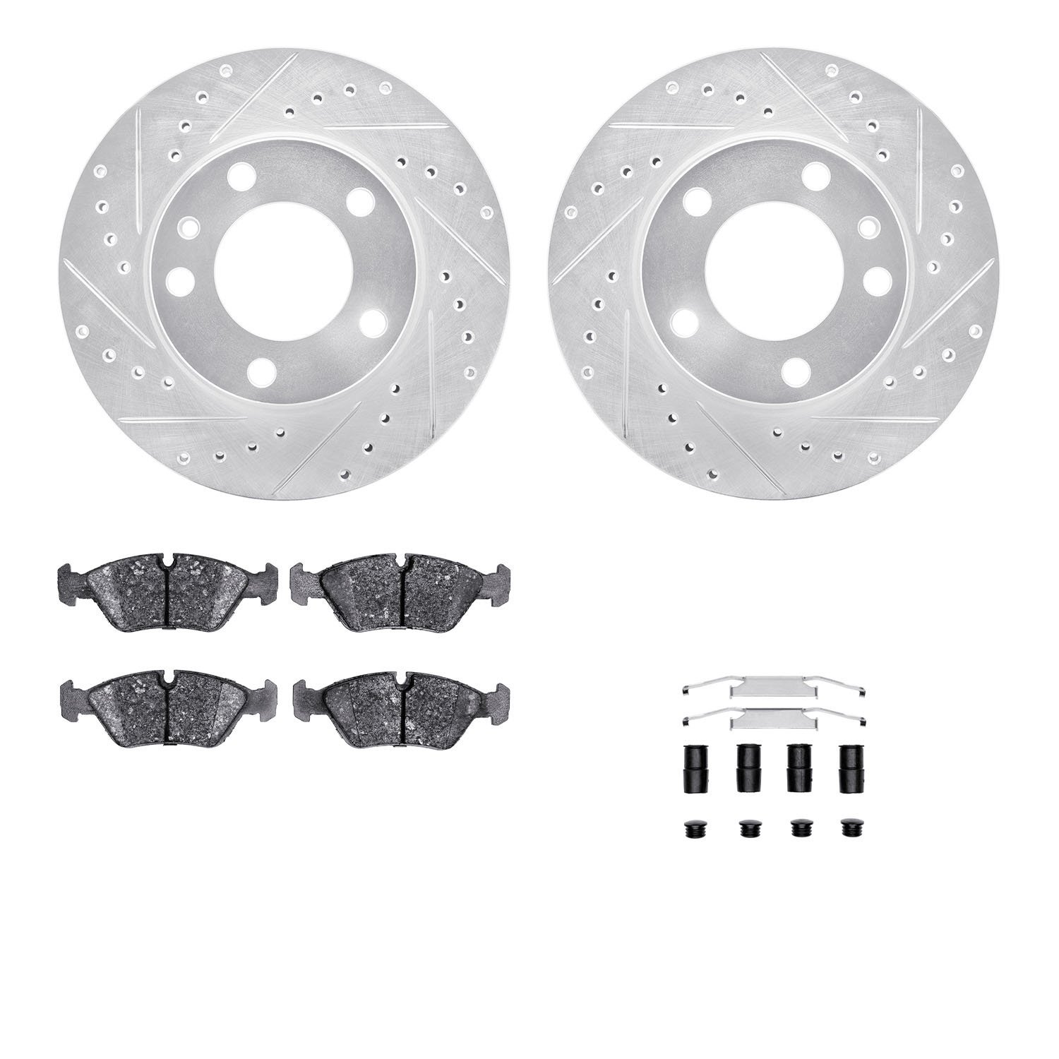 7312-31013 Drilled/Slotted Brake Rotor with 3000-Series Ceramic Brake Pads Kit & Hardware [Silver], 1982-1989 BMW, Position: Fro