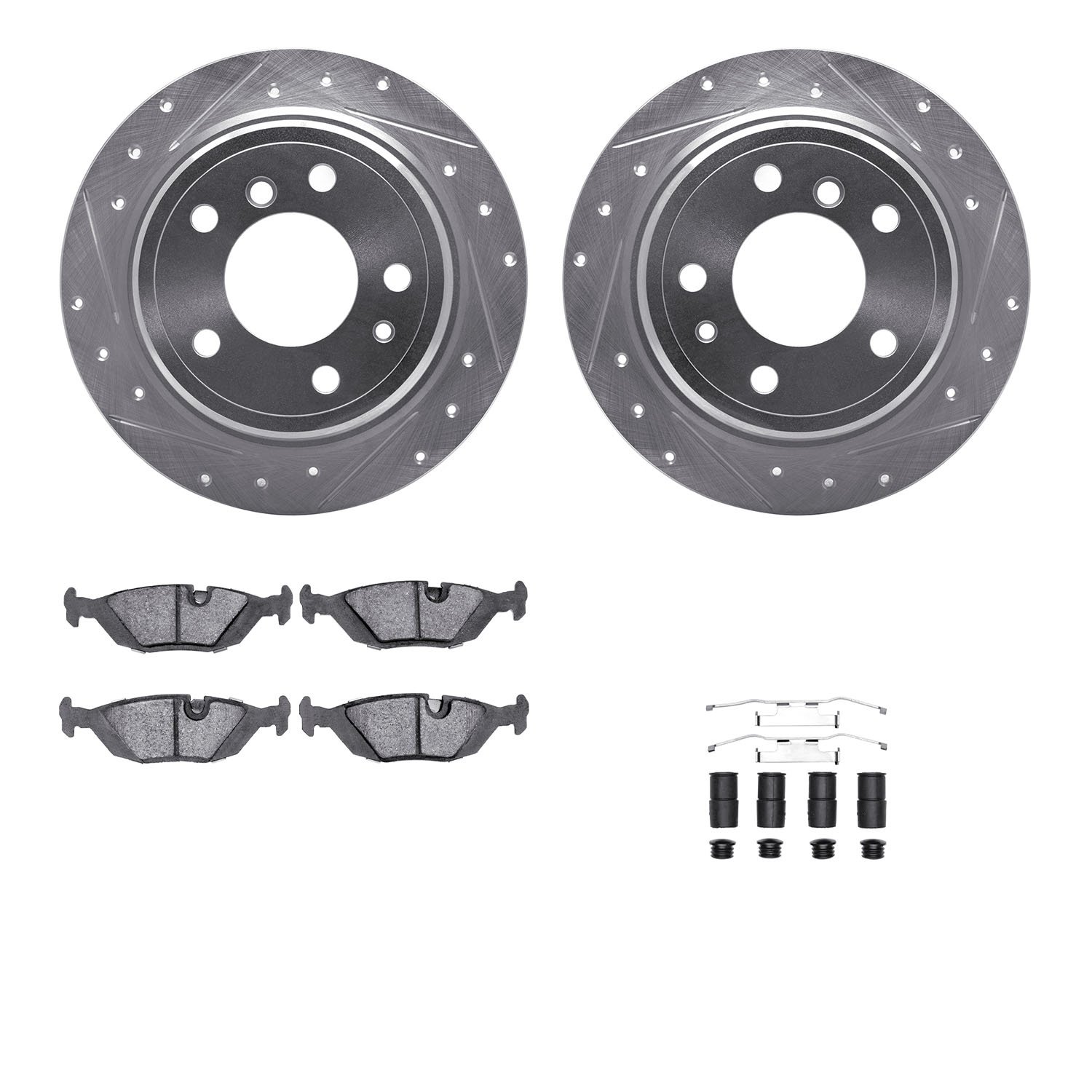 7312-31017 Drilled/Slotted Brake Rotor with 3000-Series Ceramic Brake Pads Kit & Hardware [Silver], 1981-1986 BMW, Position: Rea