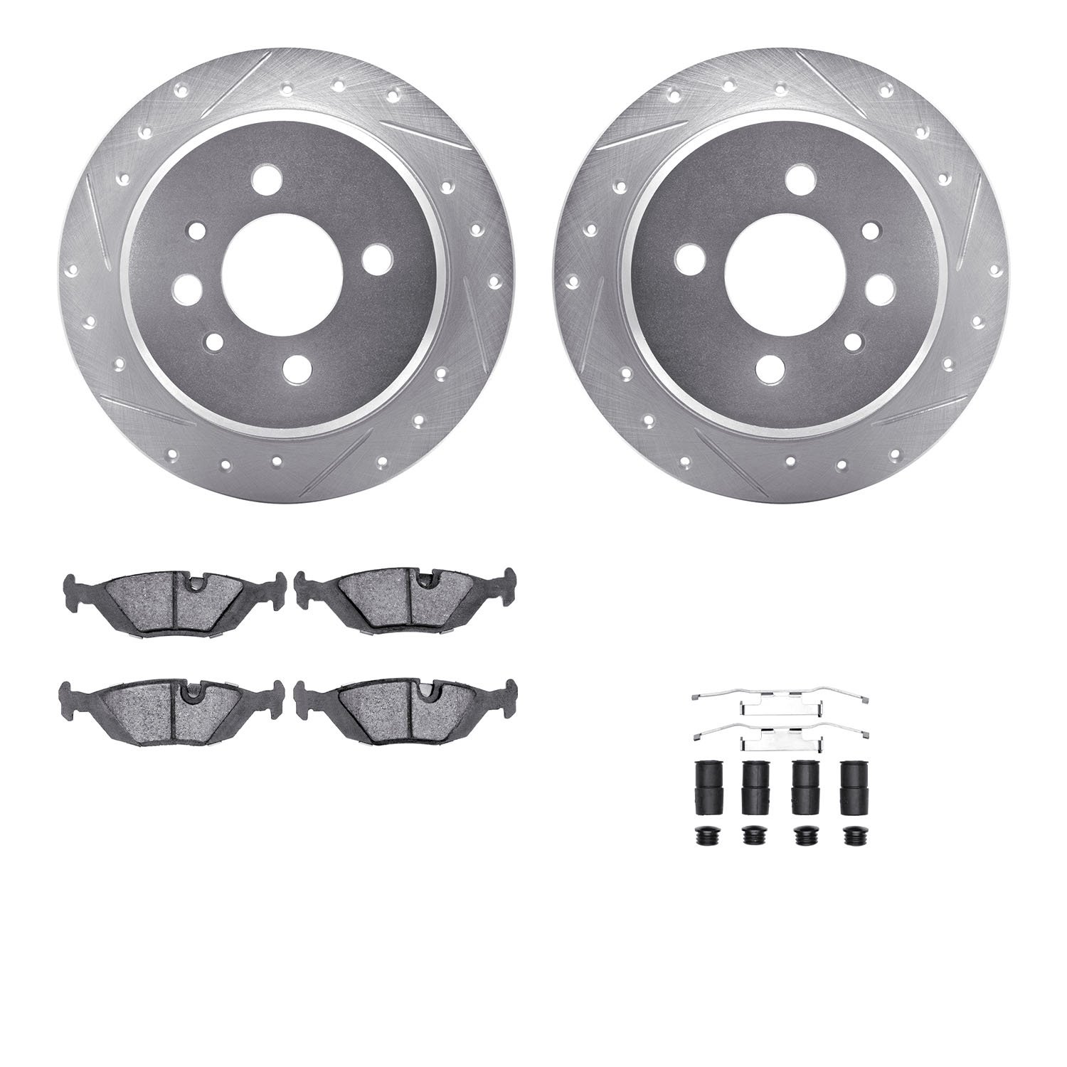 7312-31018 Drilled/Slotted Brake Rotor with 3000-Series Ceramic Brake Pads Kit & Hardware [Silver], 1984-1991 BMW, Position: Rea