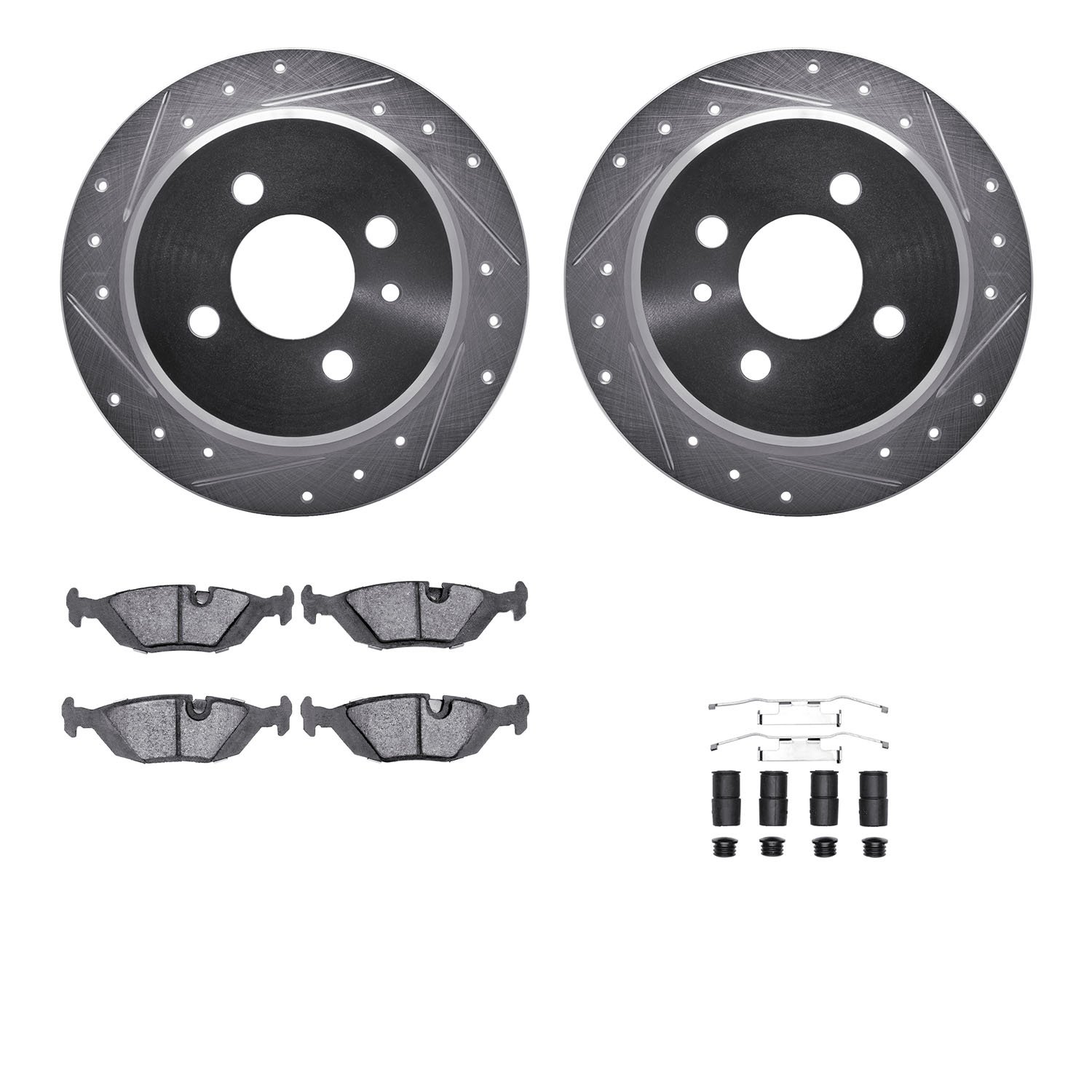 7312-31019 Drilled/Slotted Brake Rotor with 3000-Series Ceramic Brake Pads Kit & Hardware [Silver], 1988-1990 BMW, Position: Rea