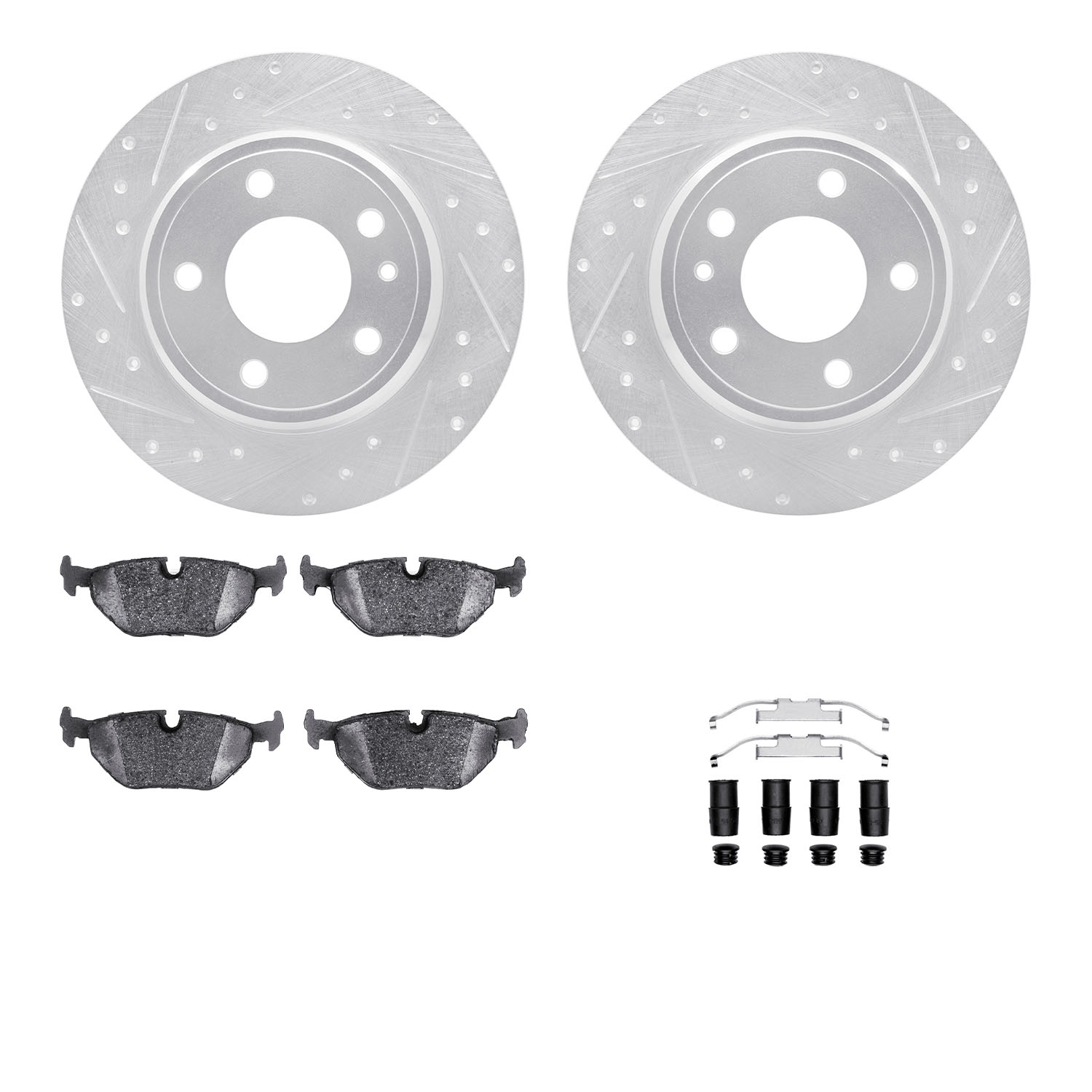 7312-31025 Drilled/Slotted Brake Rotor with 3000-Series Ceramic Brake Pads Kit & Hardware [Silver], 1987-1992 BMW, Position: Rea