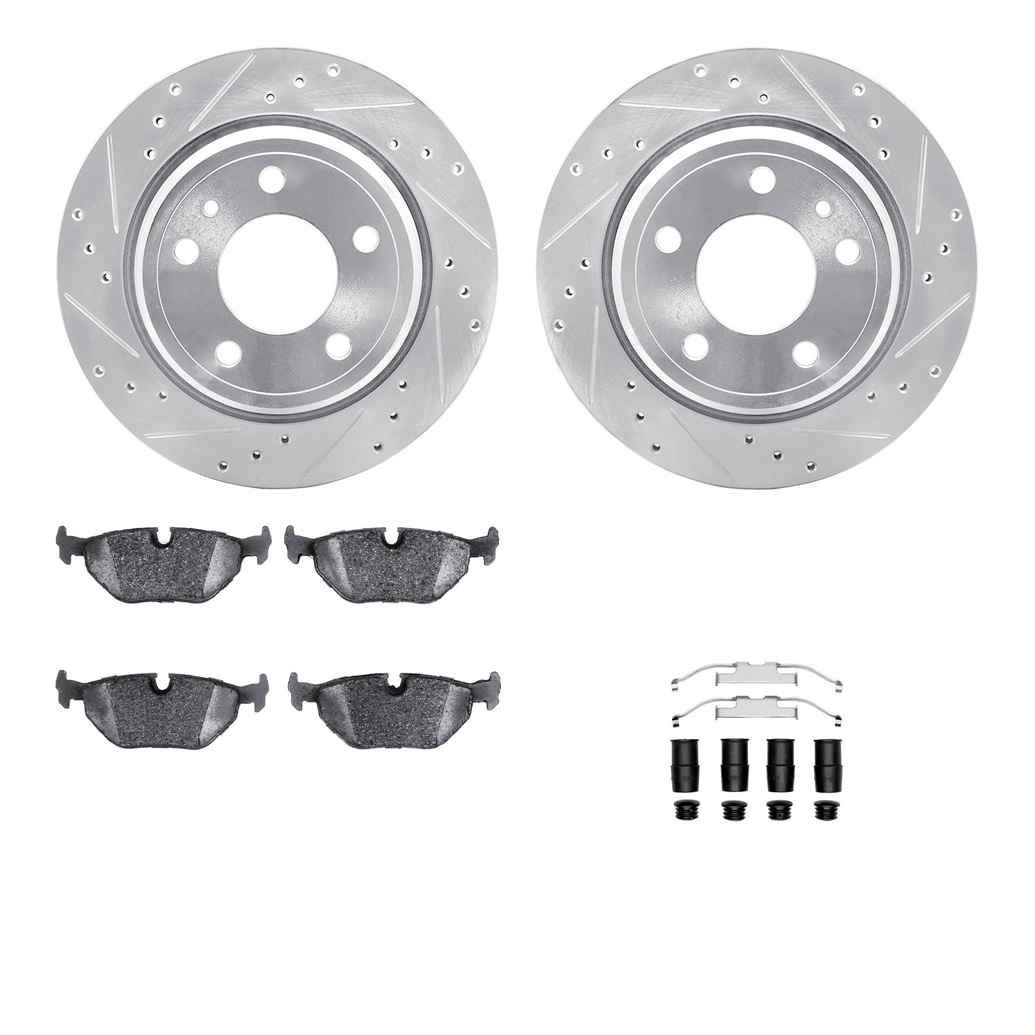 7312-31027 Drilled/Slotted Brake Rotor with 3000-Series Ceramic Brake Pads Kit & Hardware [Silver], 1988-1994 BMW, Position: Rea