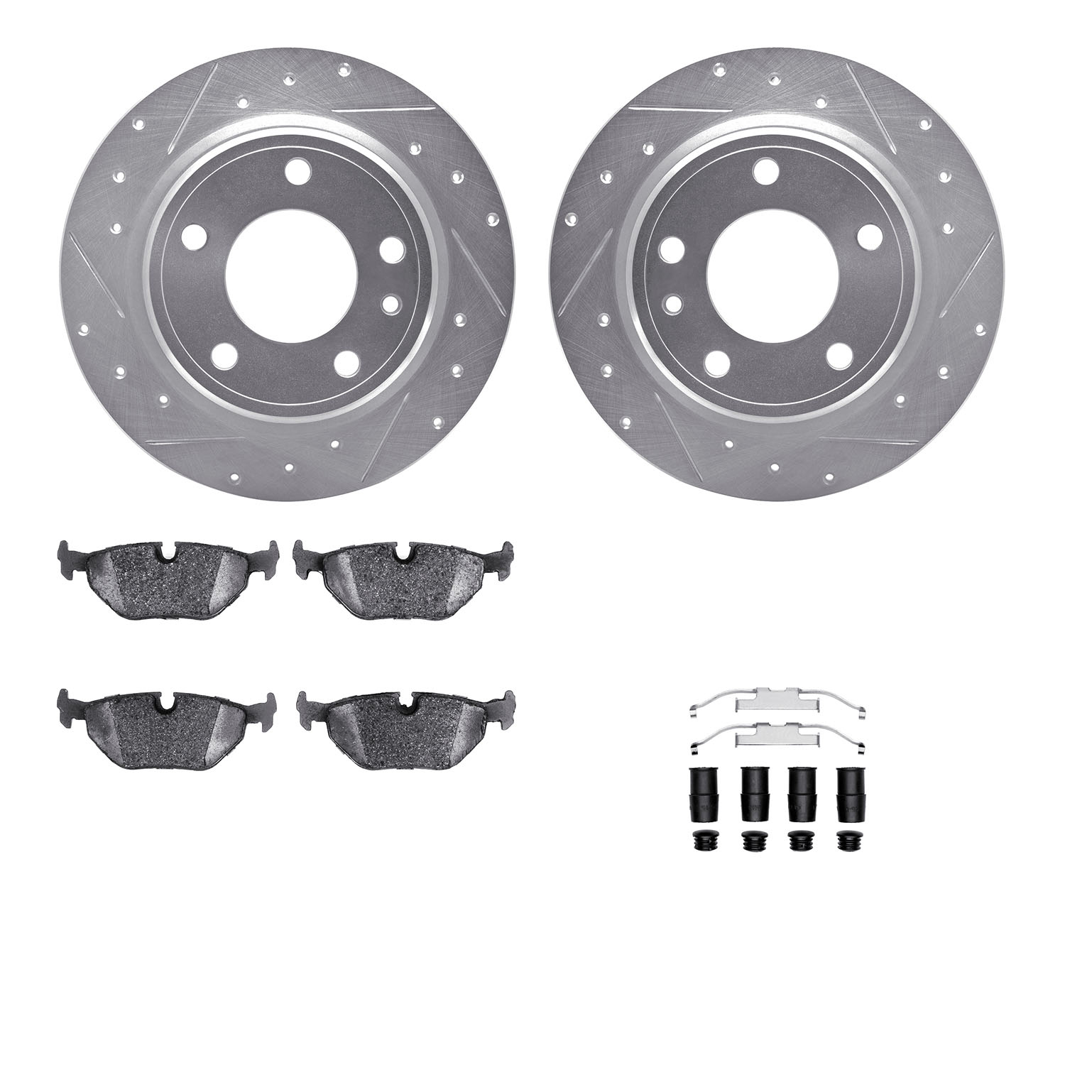 7312-31028 Drilled/Slotted Brake Rotor with 3000-Series Ceramic Brake Pads Kit & Hardware [Silver], 1988-1991 BMW, Position: Rea