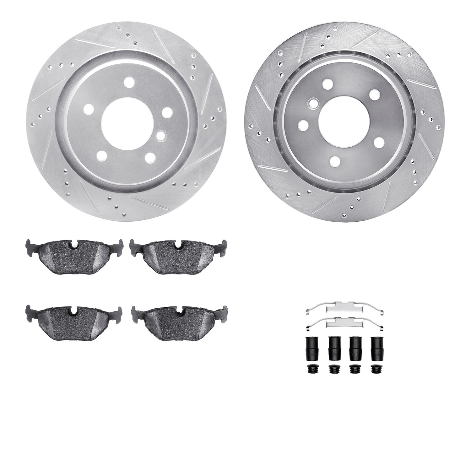 7312-31030 Drilled/Slotted Brake Rotor with 3000-Series Ceramic Brake Pads Kit & Hardware [Silver], 1995-2002 BMW, Position: Rea