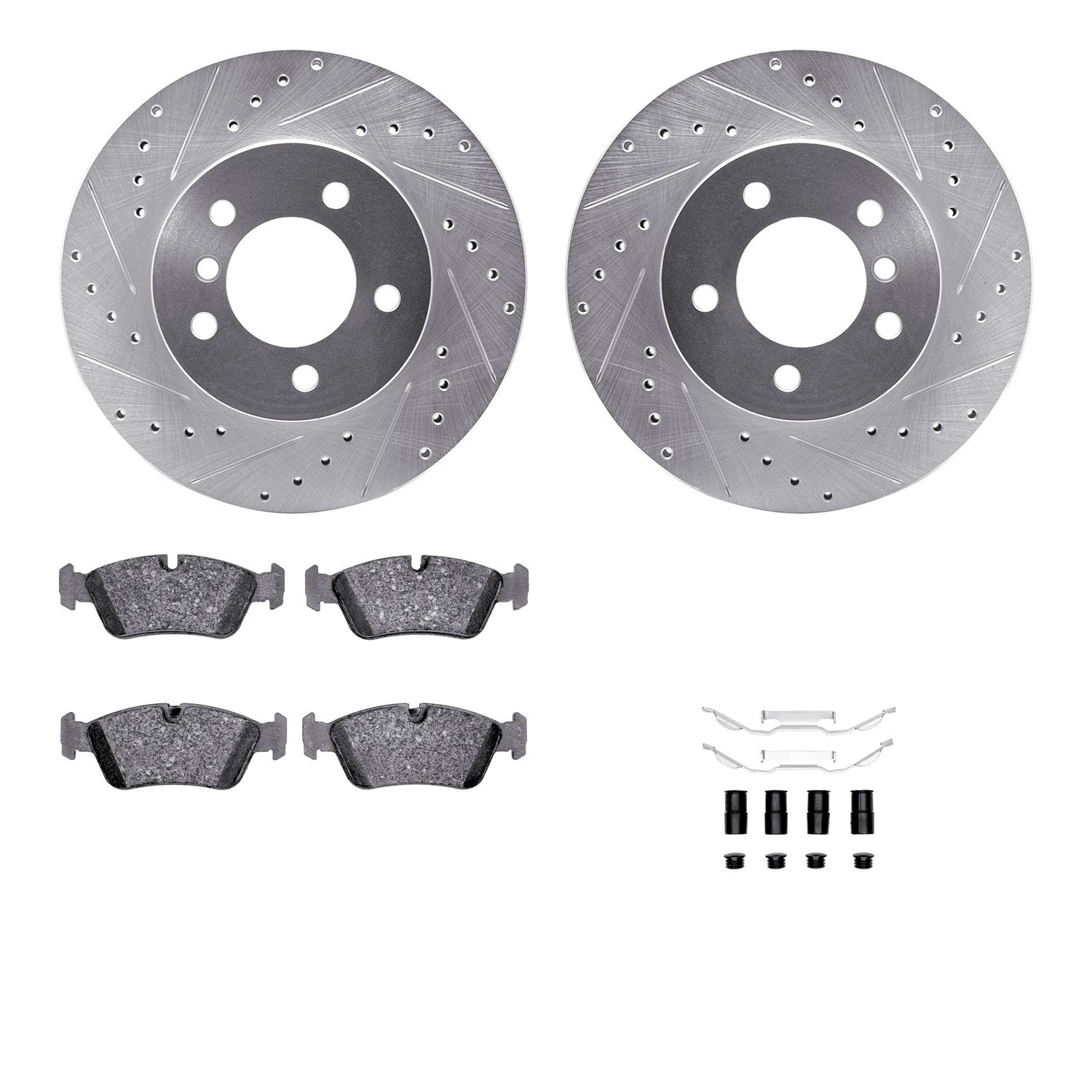 7312-31039 Drilled/Slotted Brake Rotor with 3000-Series Ceramic Brake Pads Kit & Hardware [Silver], 1999-2008 BMW, Position: Fro