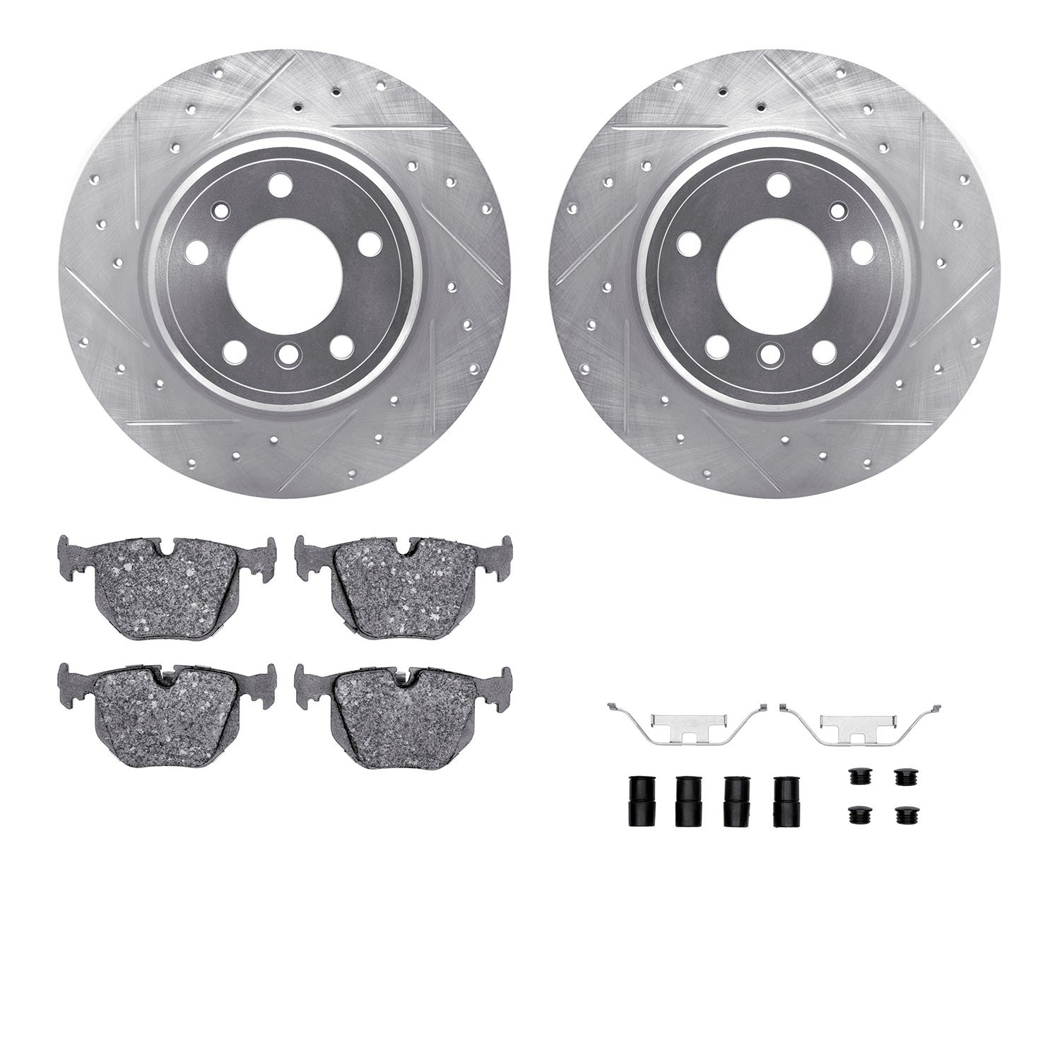 7312-31048 Drilled/Slotted Brake Rotor with 3000-Series Ceramic Brake Pads Kit & Hardware [Silver], 1991-2001 BMW, Position: Rea