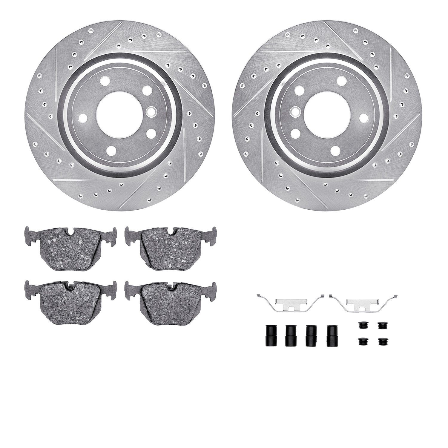 7312-31049 Drilled/Slotted Brake Rotor with 3000-Series Ceramic Brake Pads Kit & Hardware [Silver], 1995-2003 BMW, Position: Rea