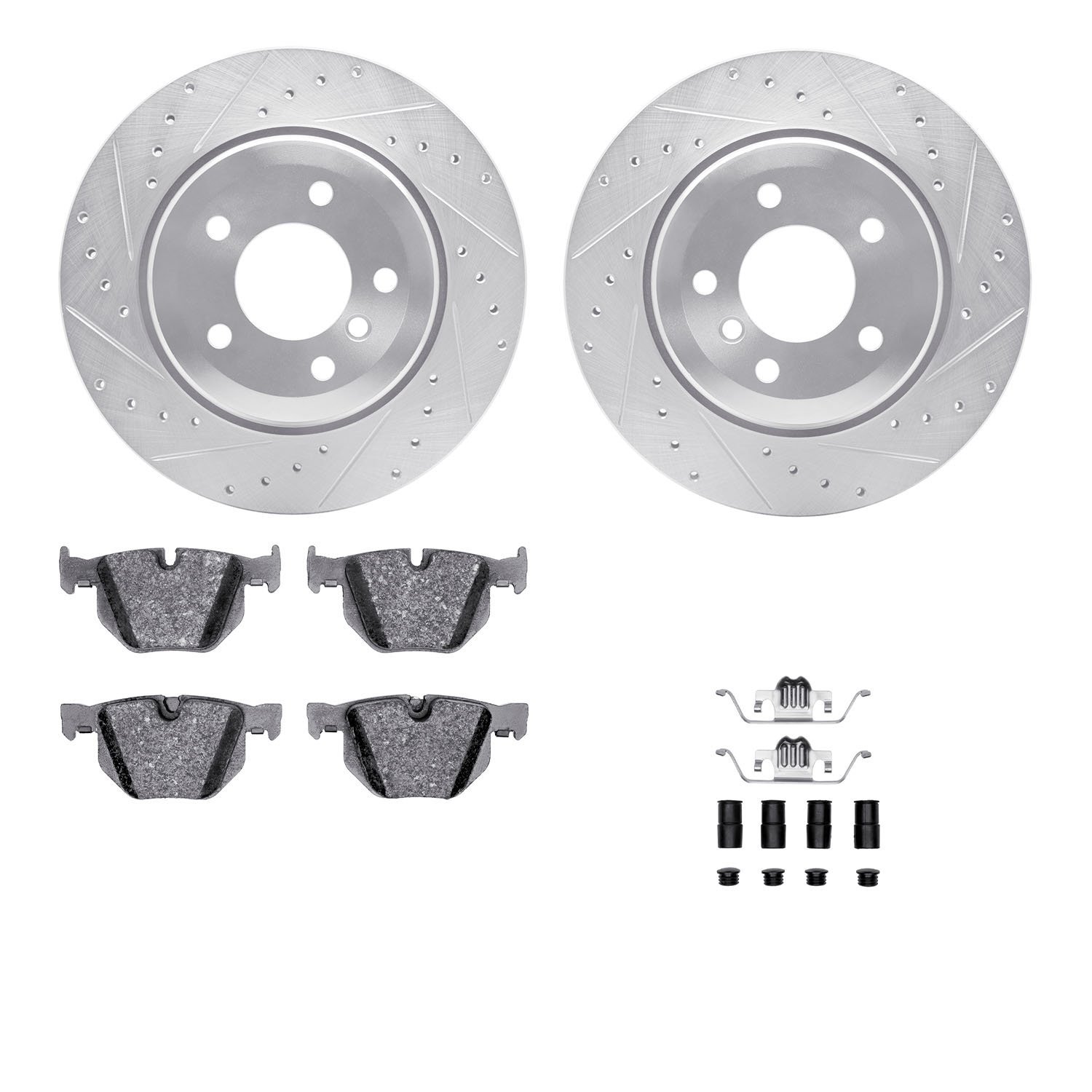 7312-31055 Drilled/Slotted Brake Rotor with 3000-Series Ceramic Brake Pads Kit & Hardware [Silver], 2004-2010 BMW, Position: Rea