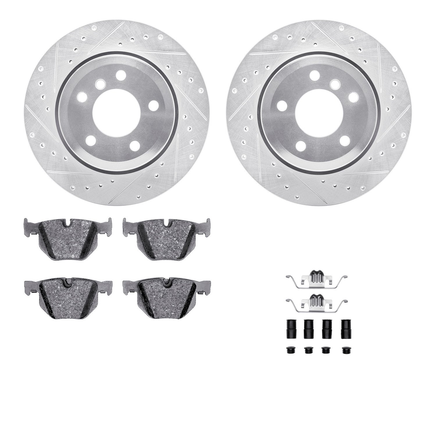 7312-31056 Drilled/Slotted Brake Rotor with 3000-Series Ceramic Brake Pads Kit & Hardware [Silver], 2006-2010 BMW, Position: Rea