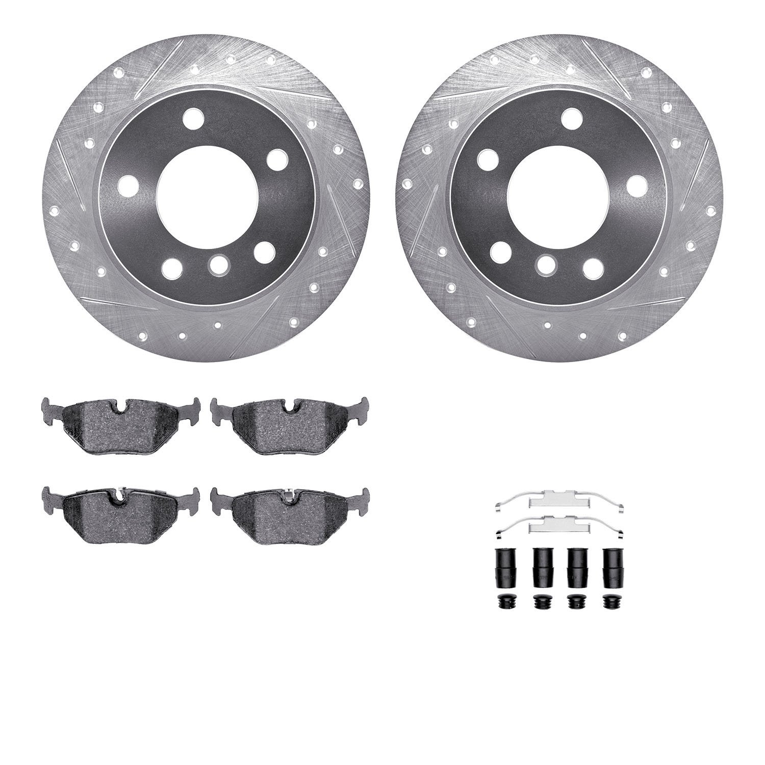 7312-31058 Drilled/Slotted Brake Rotor with 3000-Series Ceramic Brake Pads Kit & Hardware [Silver], 1995-1999 BMW, Position: Rea