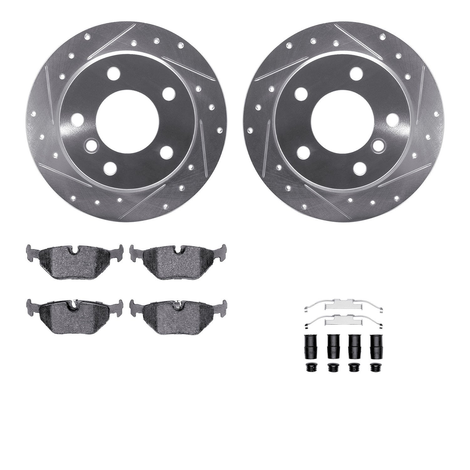 7312-31060 Drilled/Slotted Brake Rotor with 3000-Series Ceramic Brake Pads Kit & Hardware [Silver], 1996-2002 BMW, Position: Rea