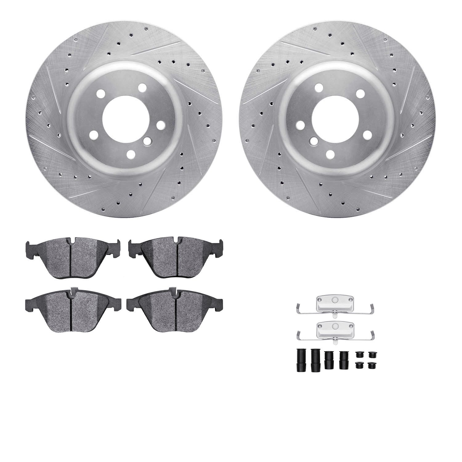 7312-31069 Drilled/Slotted Brake Rotor with 3000-Series Ceramic Brake Pads Kit & Hardware [Silver], 2004-2010 BMW, Position: Fro