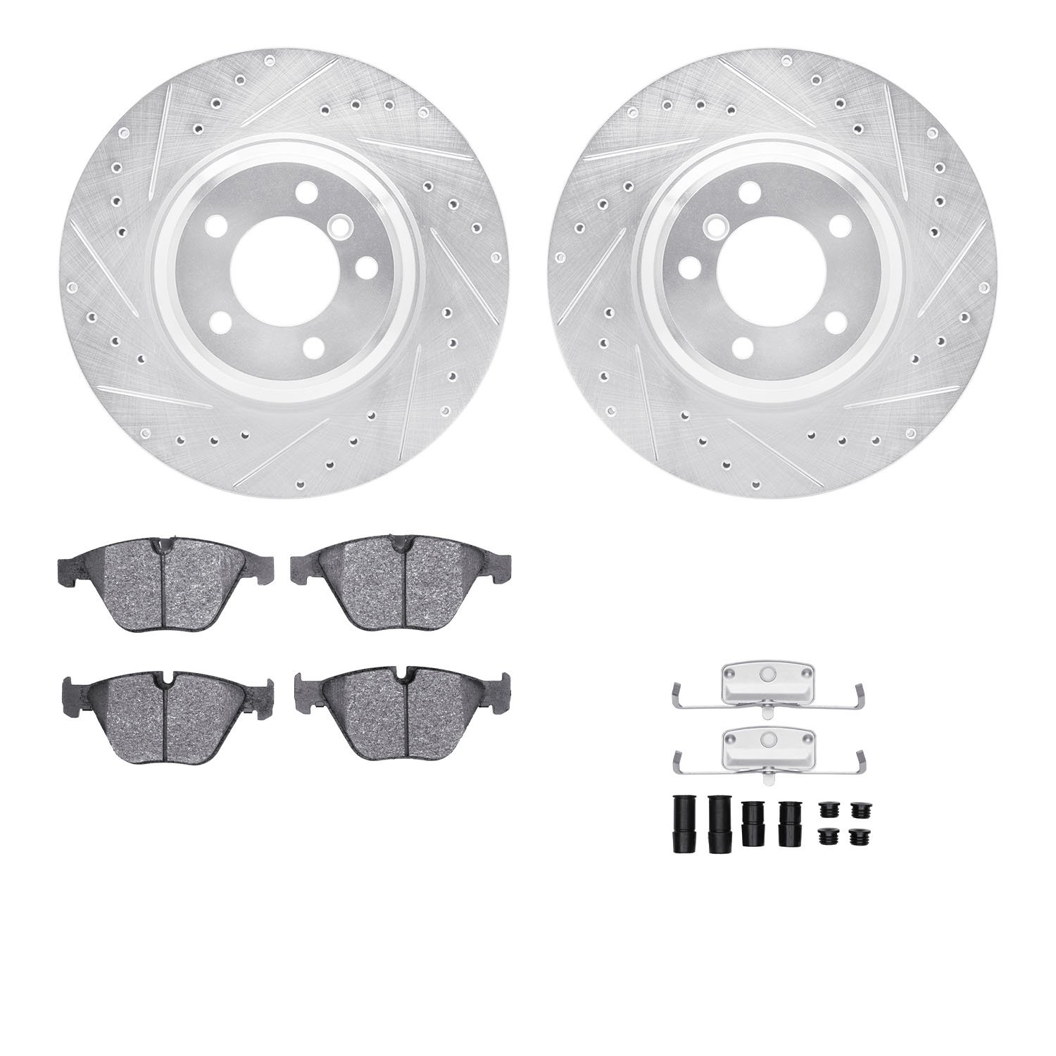 7312-31070 Drilled/Slotted Brake Rotor with 3000-Series Ceramic Brake Pads Kit & Hardware [Silver], 2007-2015 BMW, Position: Fro